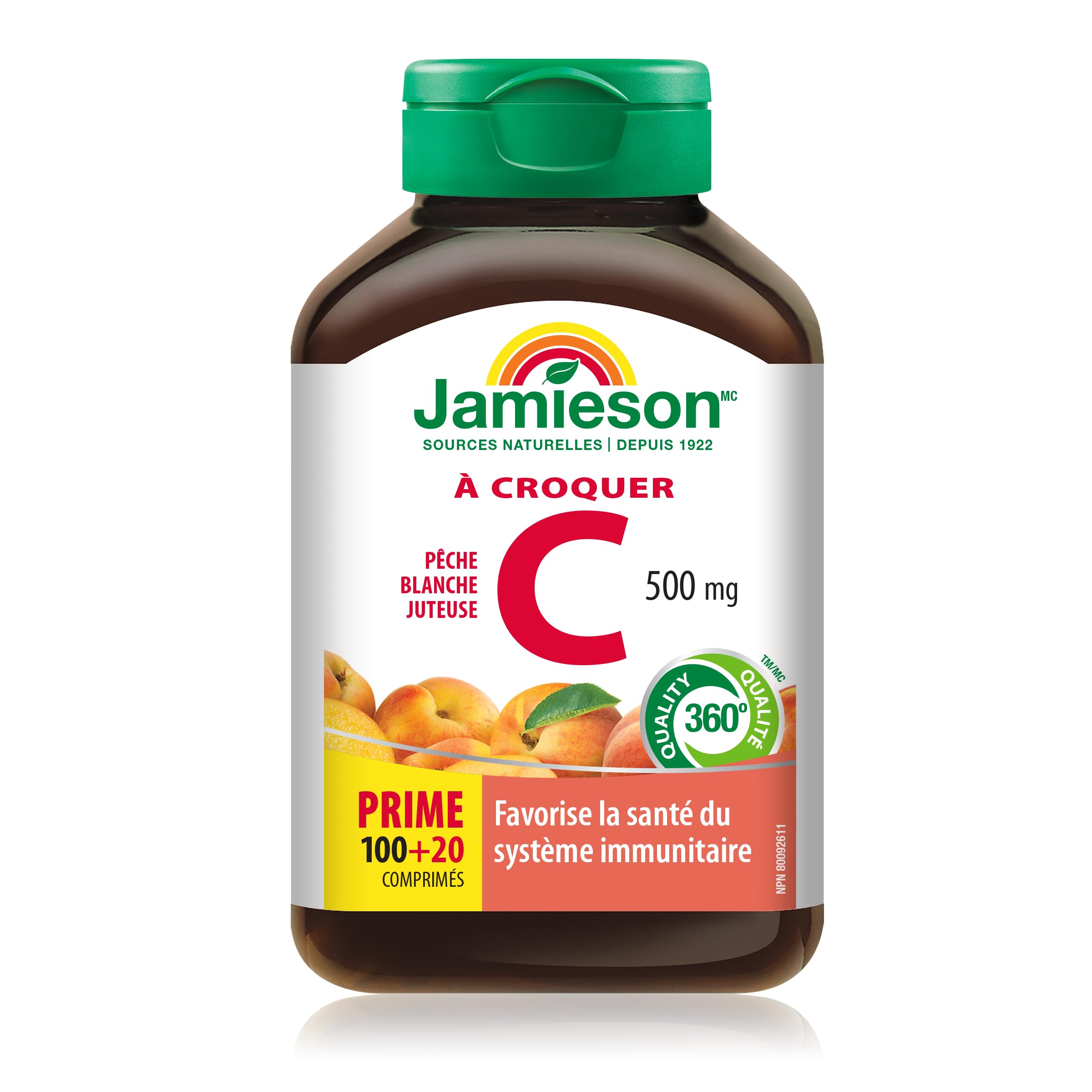Jamieson Vitamina C masticables 500 mg sabor durazno blanco para consumo diario.