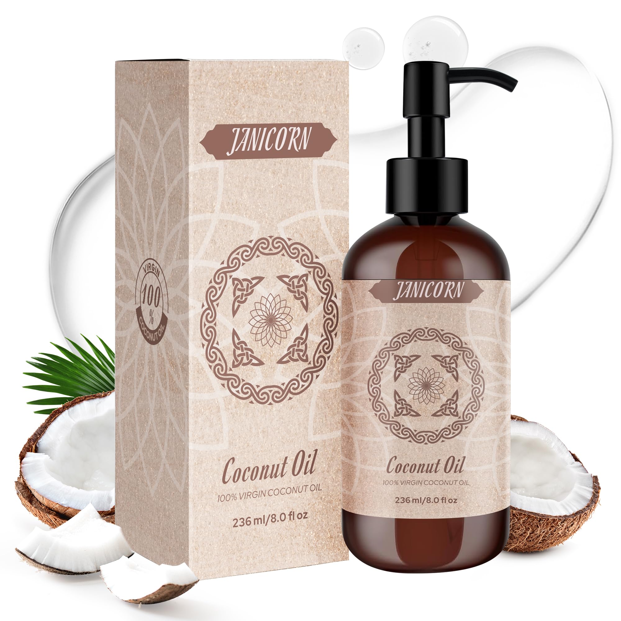 JANICORN Aceite de Coco: botella con bomba para una aplicación limpia y controlada.