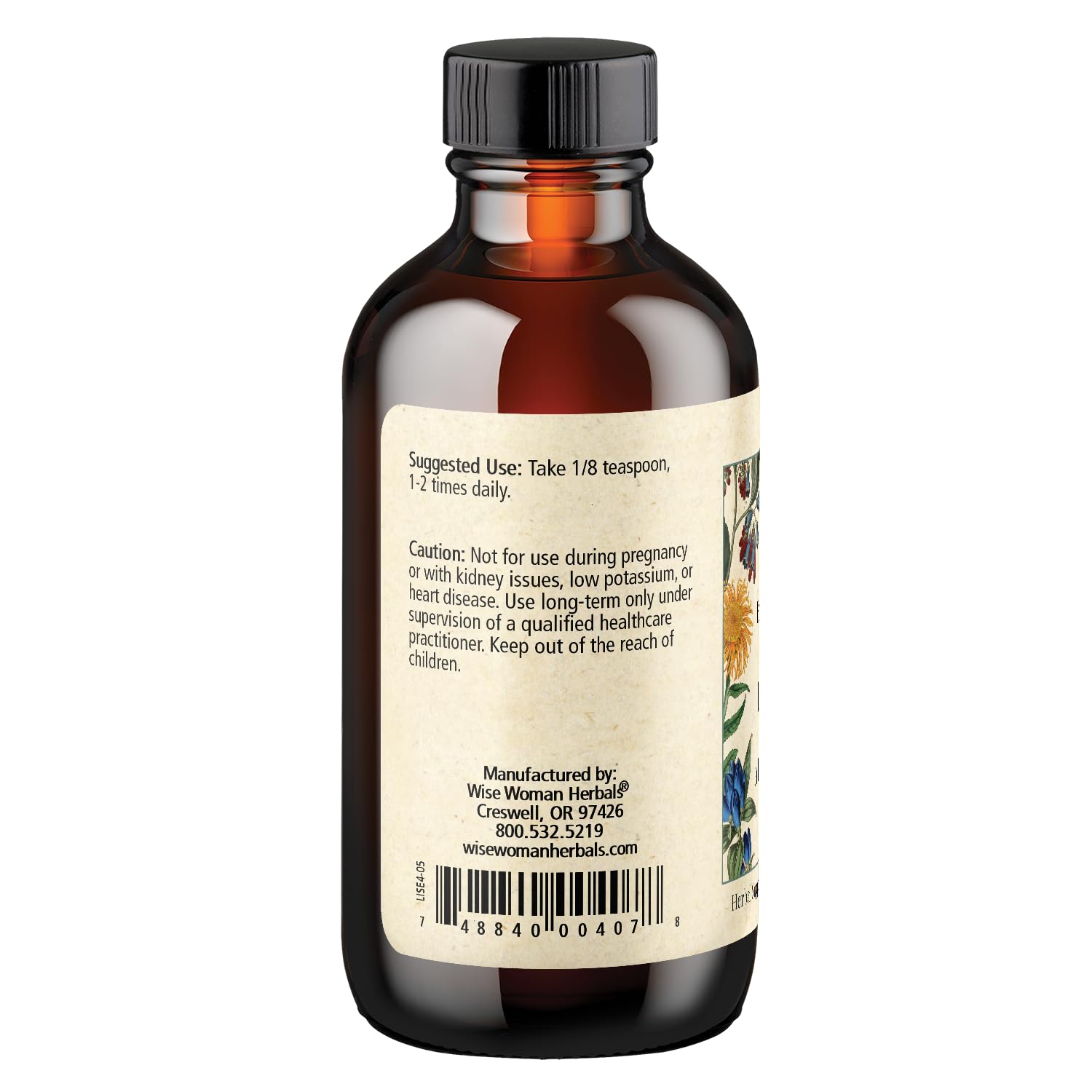 Wise Woman Herbals envase con etiqueta clara y sin alcohol.