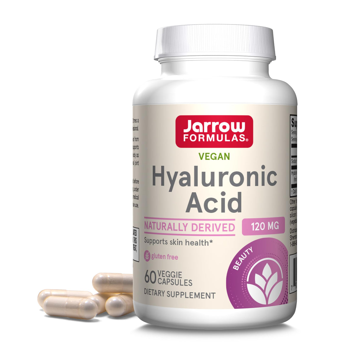 Frasco de Jarrow Formulas Ácido Hialurónico 120 mg mostrando la botella para hidratación de la piel
