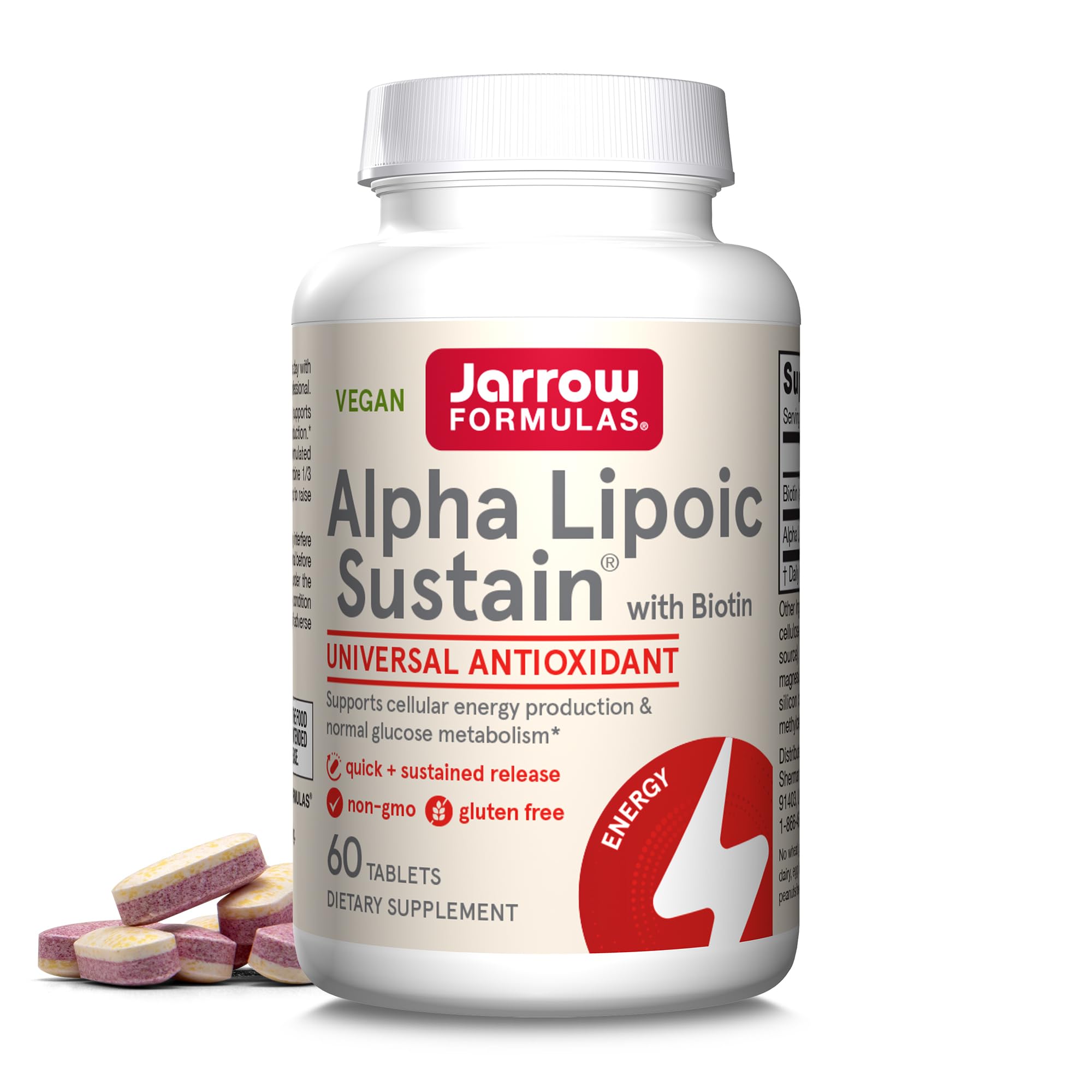 Jarrow Formulas Alpha Lipoic Sustain en botella, apoyo a la energía diaria.