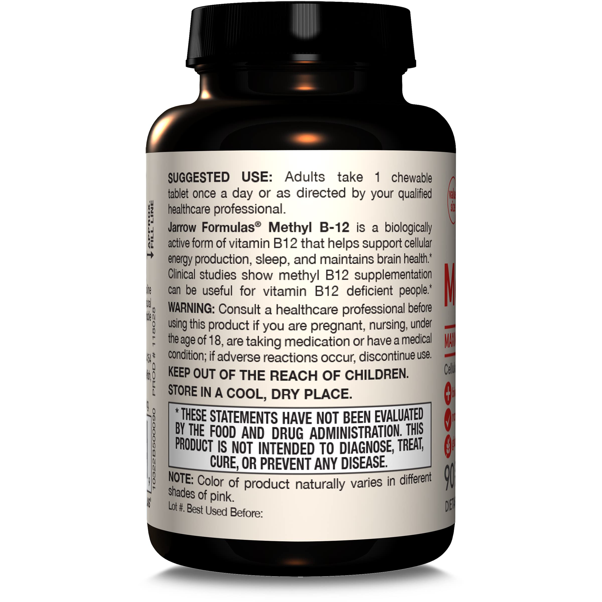 Apto para vegetarianos y veganos con Jarrow Formulas B12 5000 mcg.