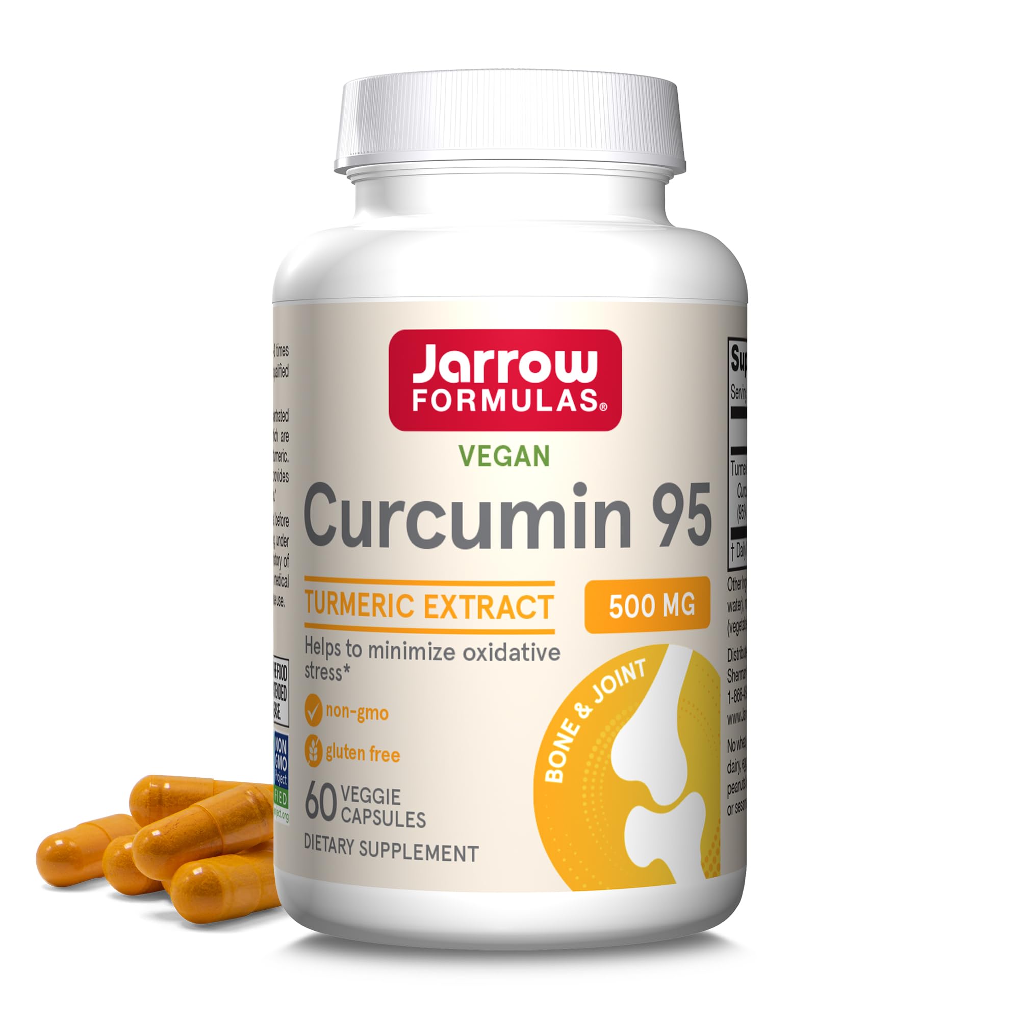 Jarrow Formulas Curcumin 95: frasco de cápsulas para apoyo antioxidante.