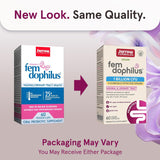 Etiqueta frontal de Fem-Dophilus con GR 1 y RC 14 para equilibrio intestinal.