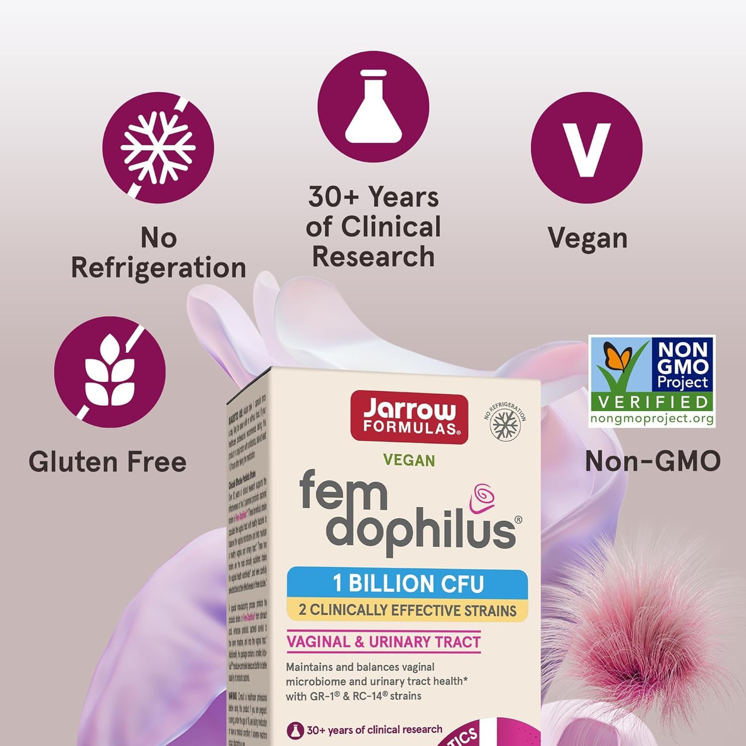 Primer plano de cápsulas de Fem-Dophilus listas para consumir.