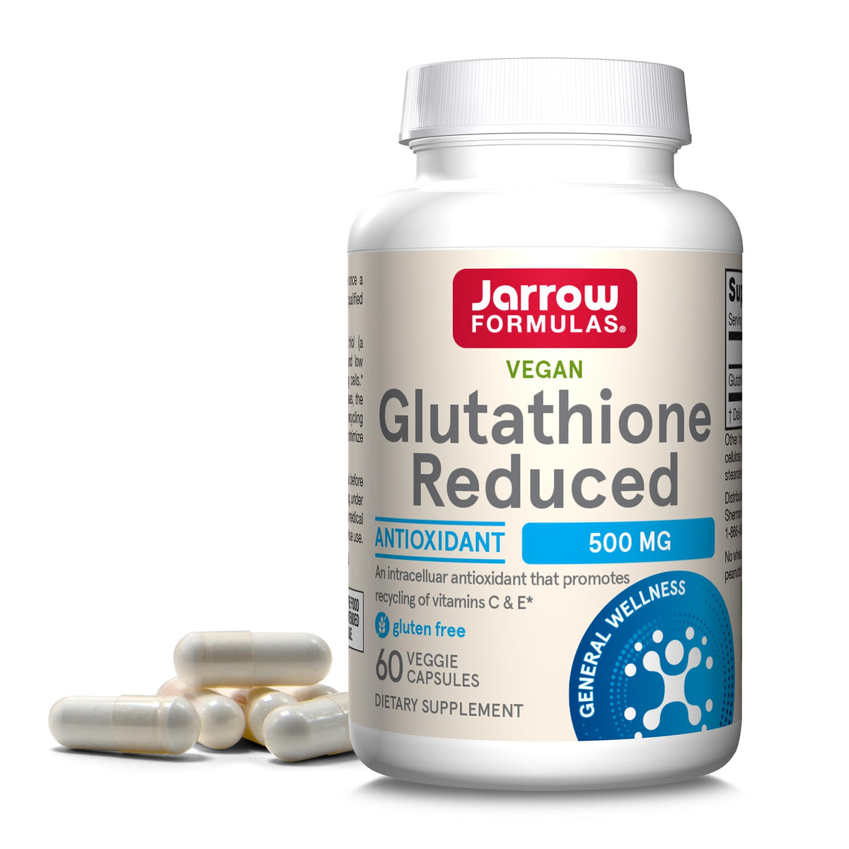 Jarrow Formulas Glutatión Reducido en cápsulas veganas para apoyo antioxidante diario.