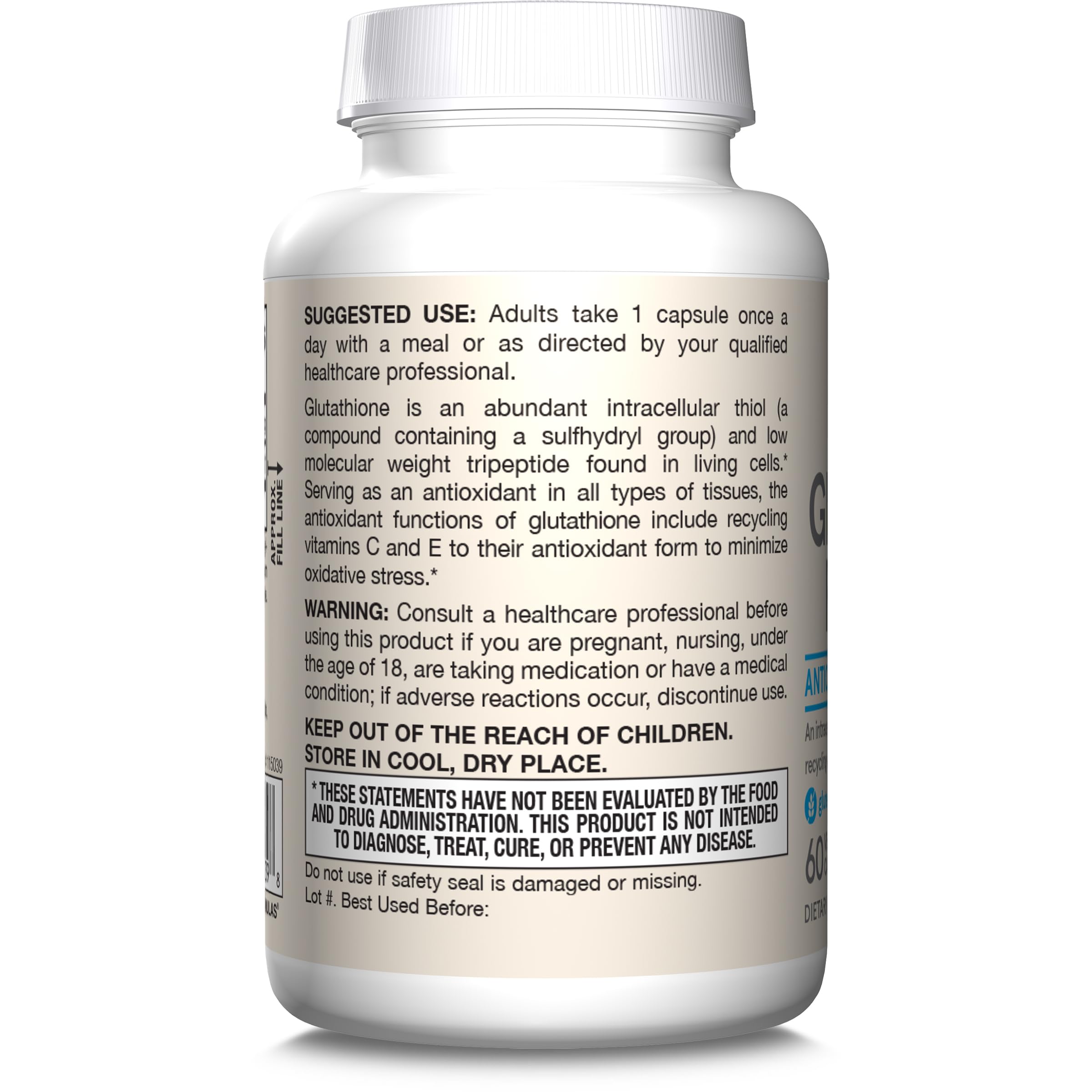 Envase de Jarrow Glutatión Reducido, libre de gluten y OGM.