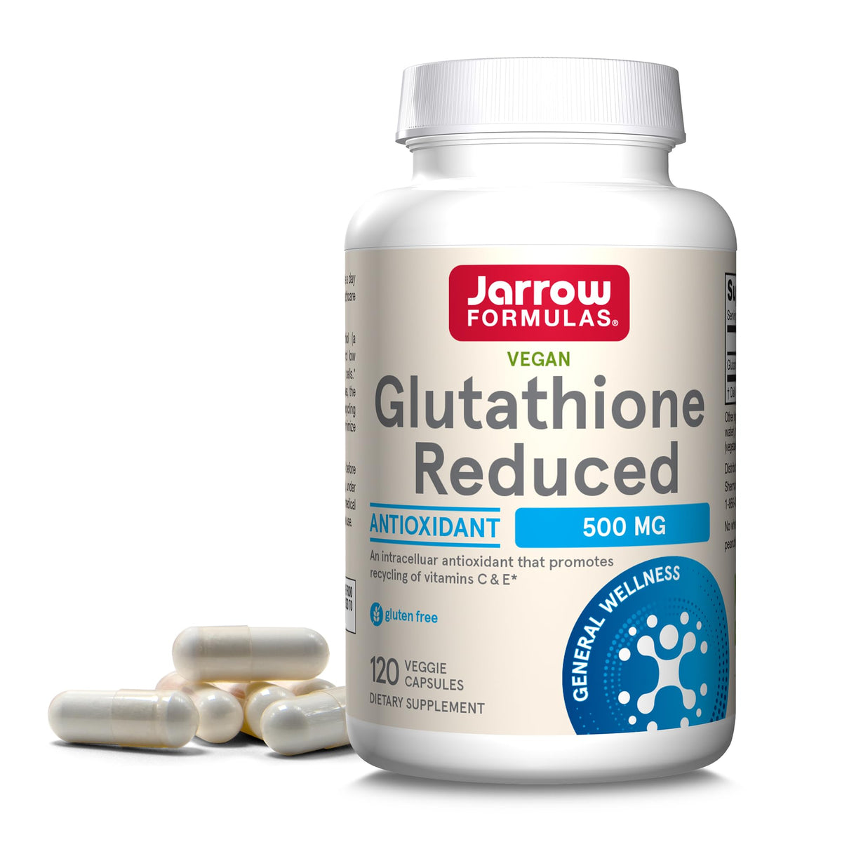 Jarrow Formulas Glutatión Reducido, frasco 500 mg, cápsulas vegetales para bienestar diario.