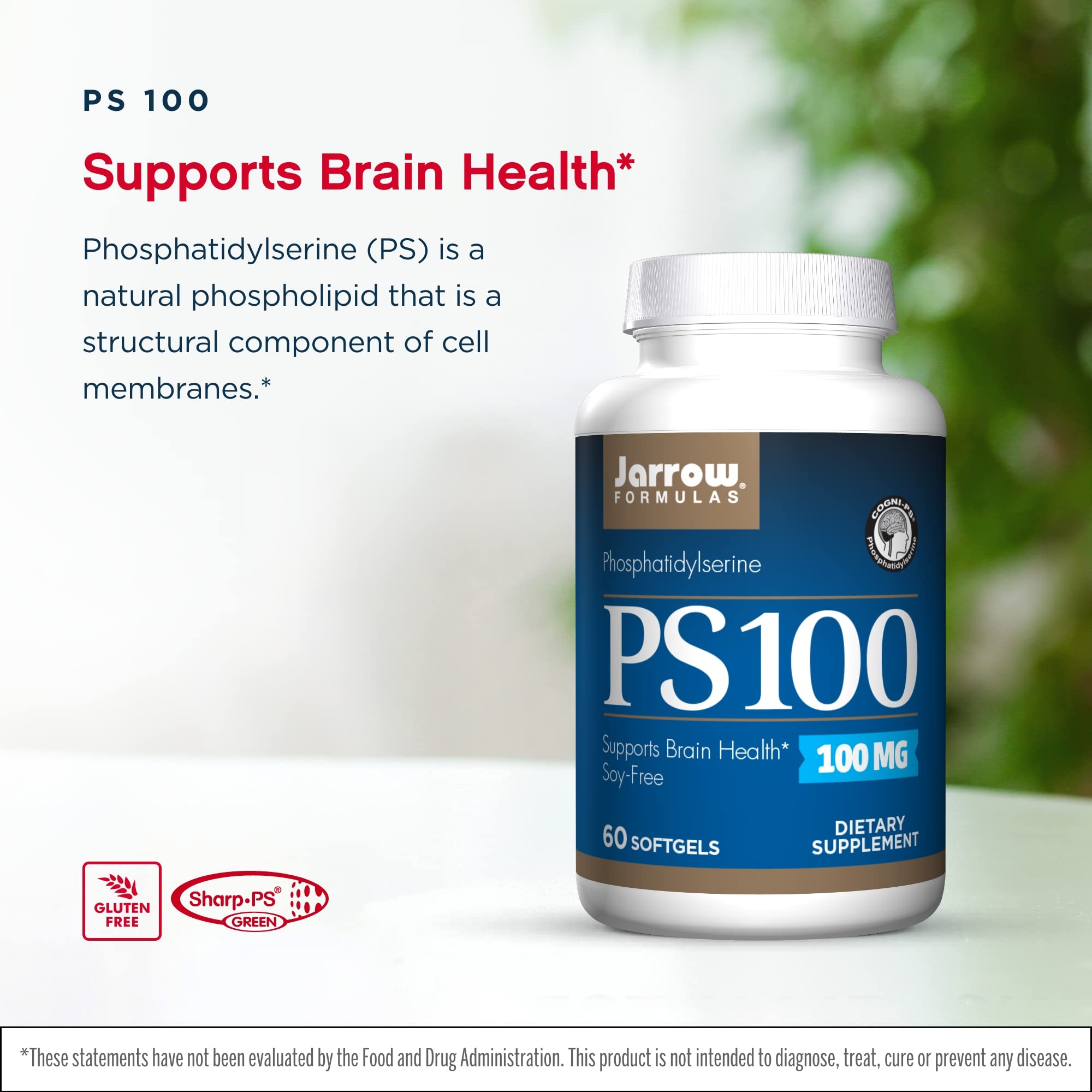 Etiqueta PS100 indica 100 mg de fosfatidilserina para la ingesta diaria
