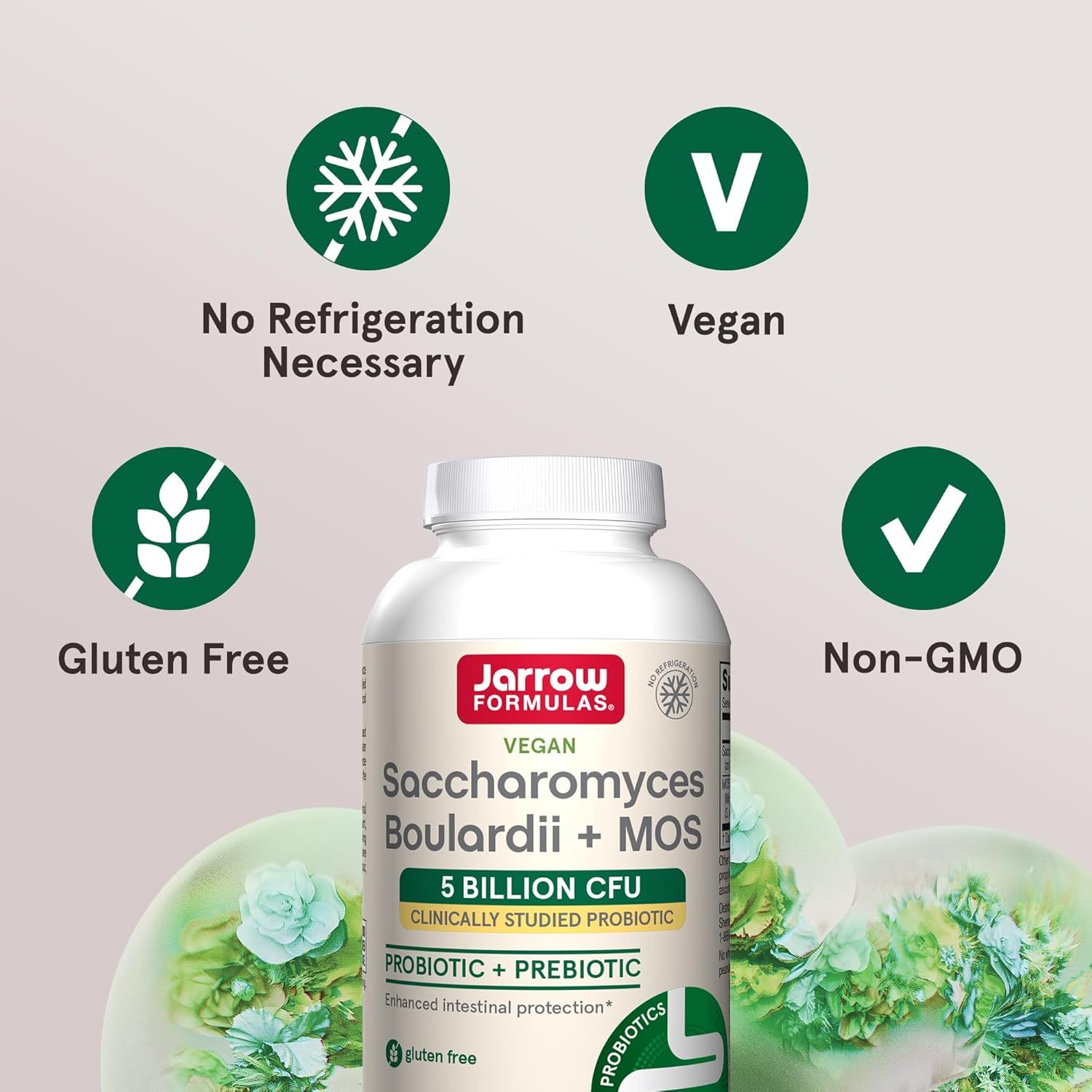 Jarrow Formulas Saccharomyces Boulardii MOS, cápsulas veganas para soporte intestinal.