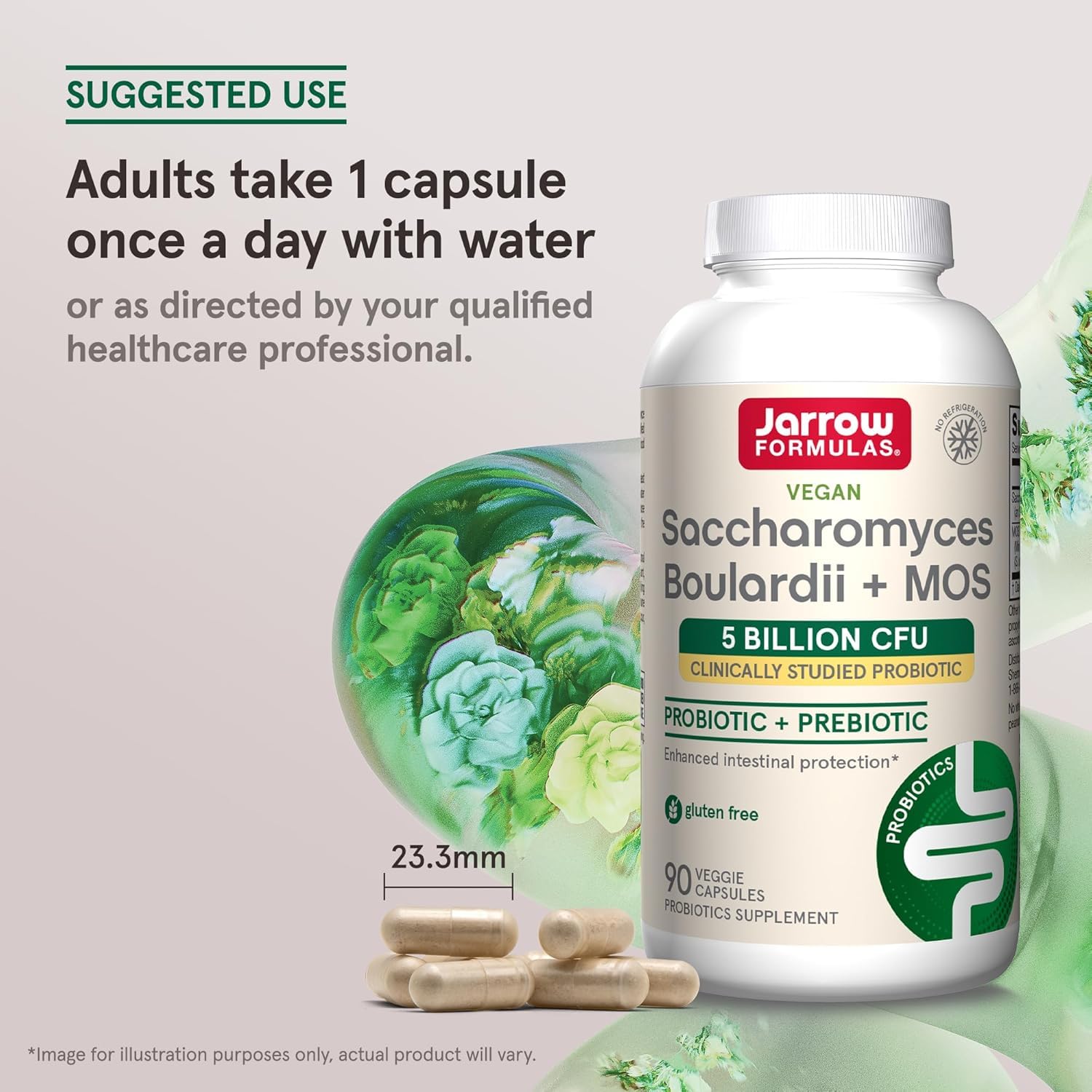 Jarrow Formulas Saccharomyces Boulardii MOS, combinación probiótico y prebiótico para equilibrio intestinal.