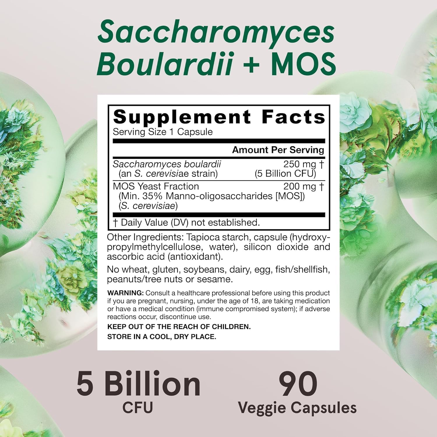 Jarrow Formulas Saccharomyces Boulardii MOS, cápsulas con cinco mil millones de microorganismos.
