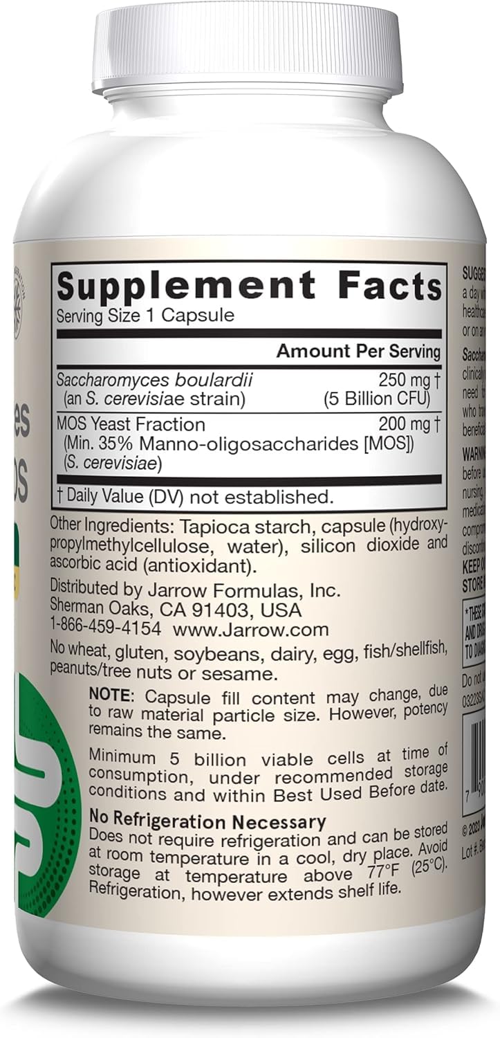 Jarrow Formulas Saccharomyces Boulardii MOS, soporte intestinal confiable para viajes y dieta.