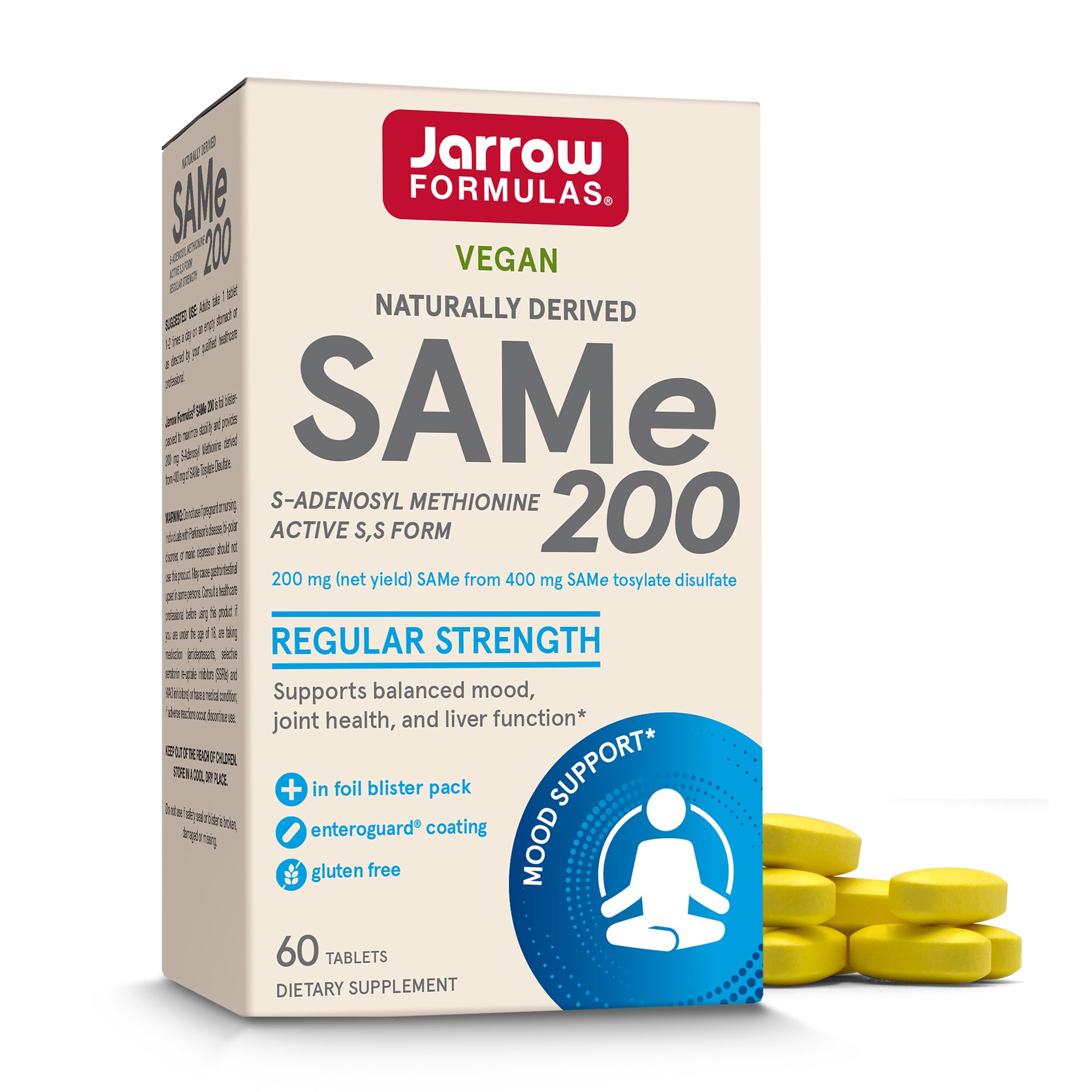 sam-e de Jarrow Formulas, 60 tabletas de 200 miligramos, presentación atractiva para uso diario.