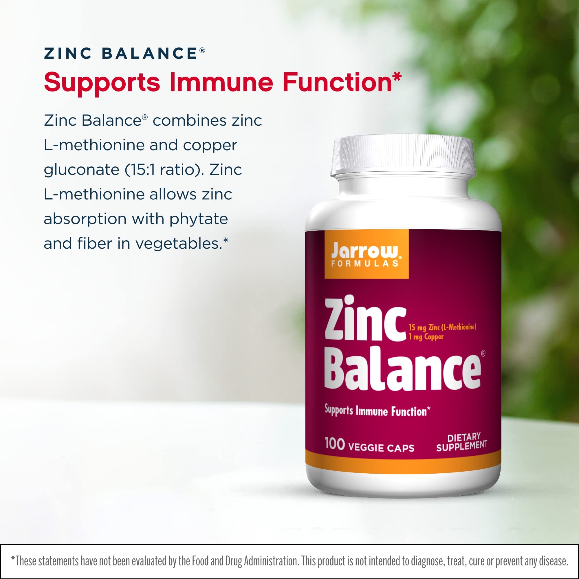 Zinc Balance de Jarrow Formulas, etiqueta frontal clara para uso diario.
