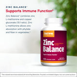 Zinc Balance de Jarrow Formulas, etiqueta frontal clara para uso diario.