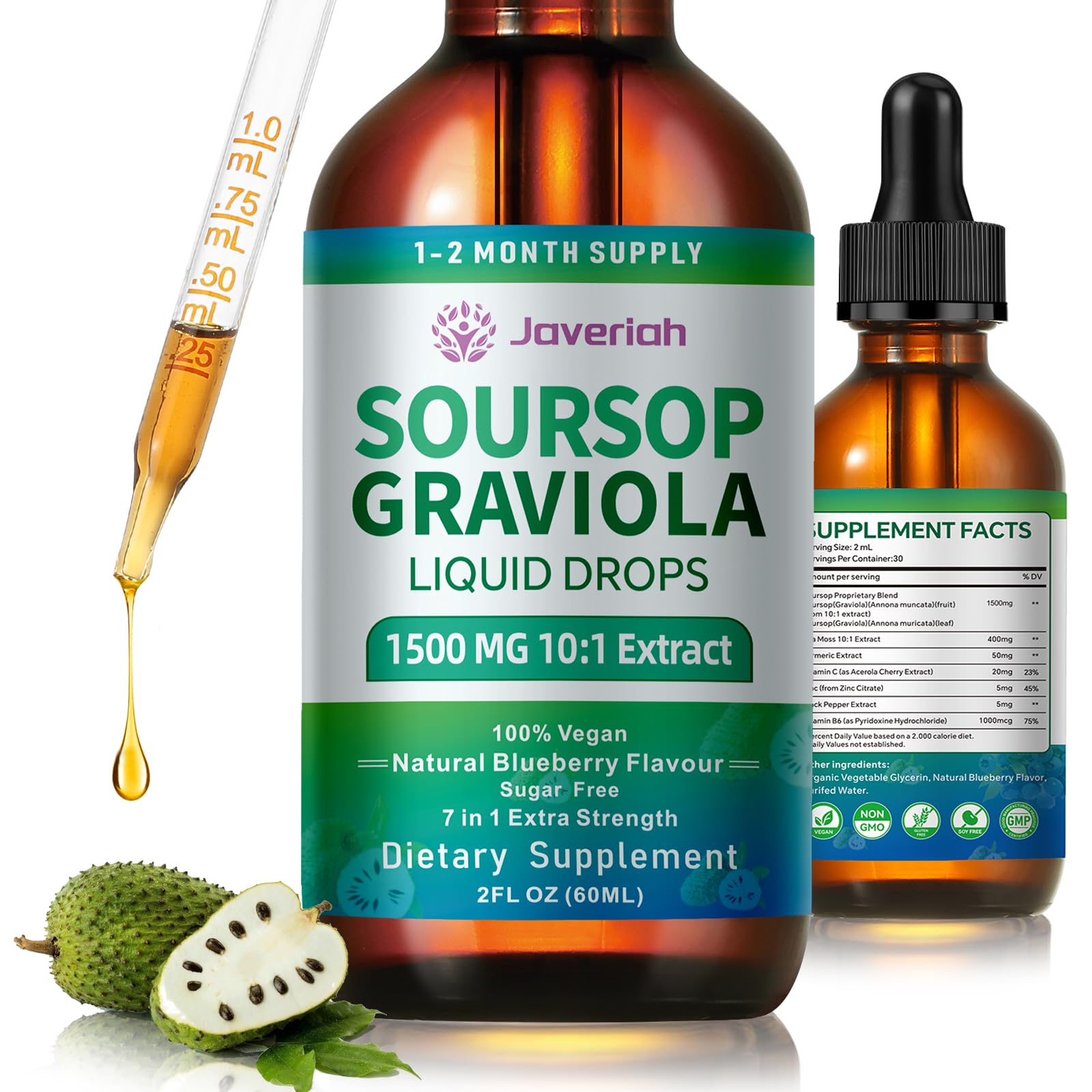 Gotas Javeriah Soursop en botella para uso diario cómodo y práctico.