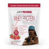 Proteína de suero JAYROBB sabor fresa en bolsa, lista para iniciar el día.