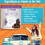 Etiqueta clara de Jay Robb Whey Isolate, información de proteína y ausencia de aditivos.