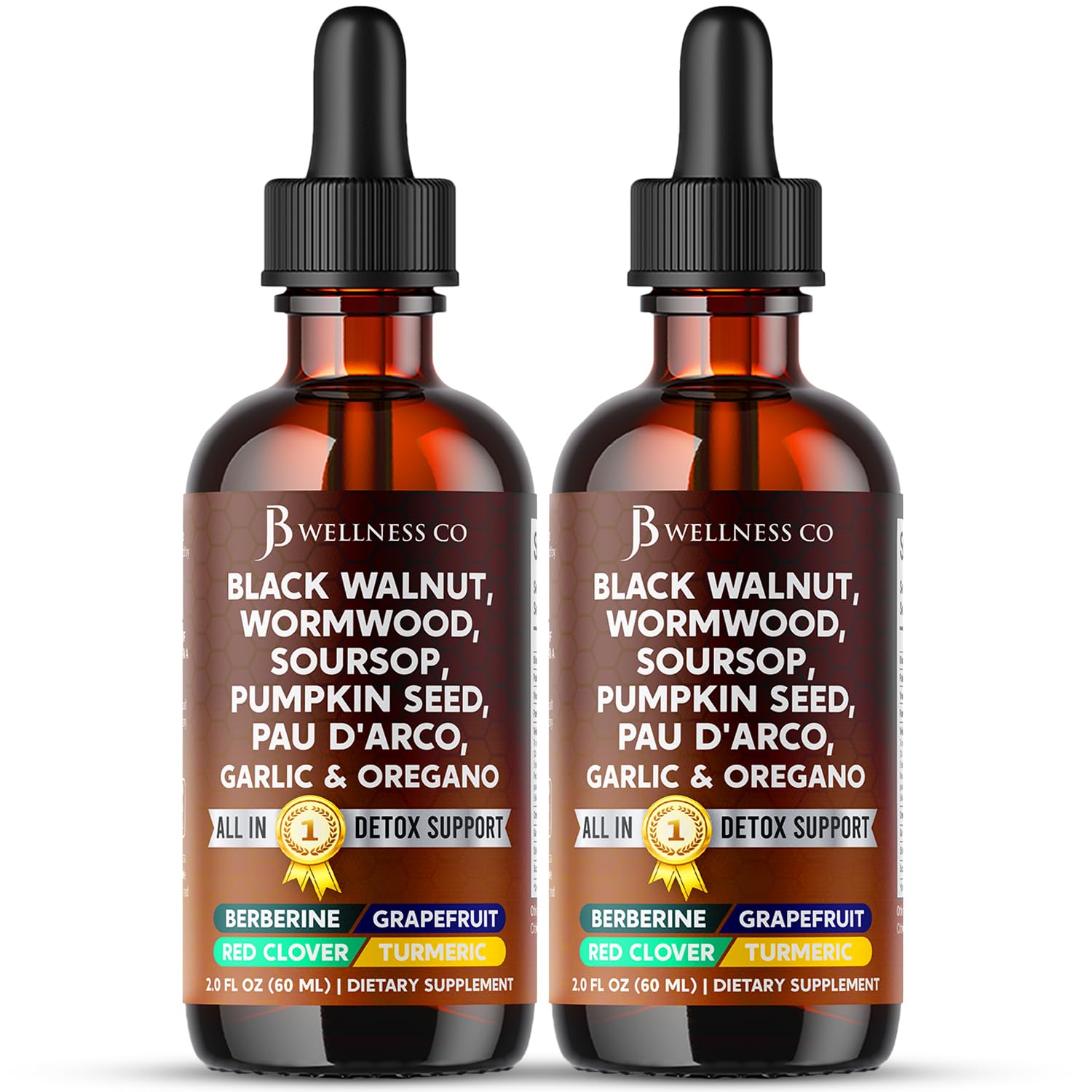 Gotas de ajenjo y nuez negra de JB Wellness Co, apoyo digestivo diario.
