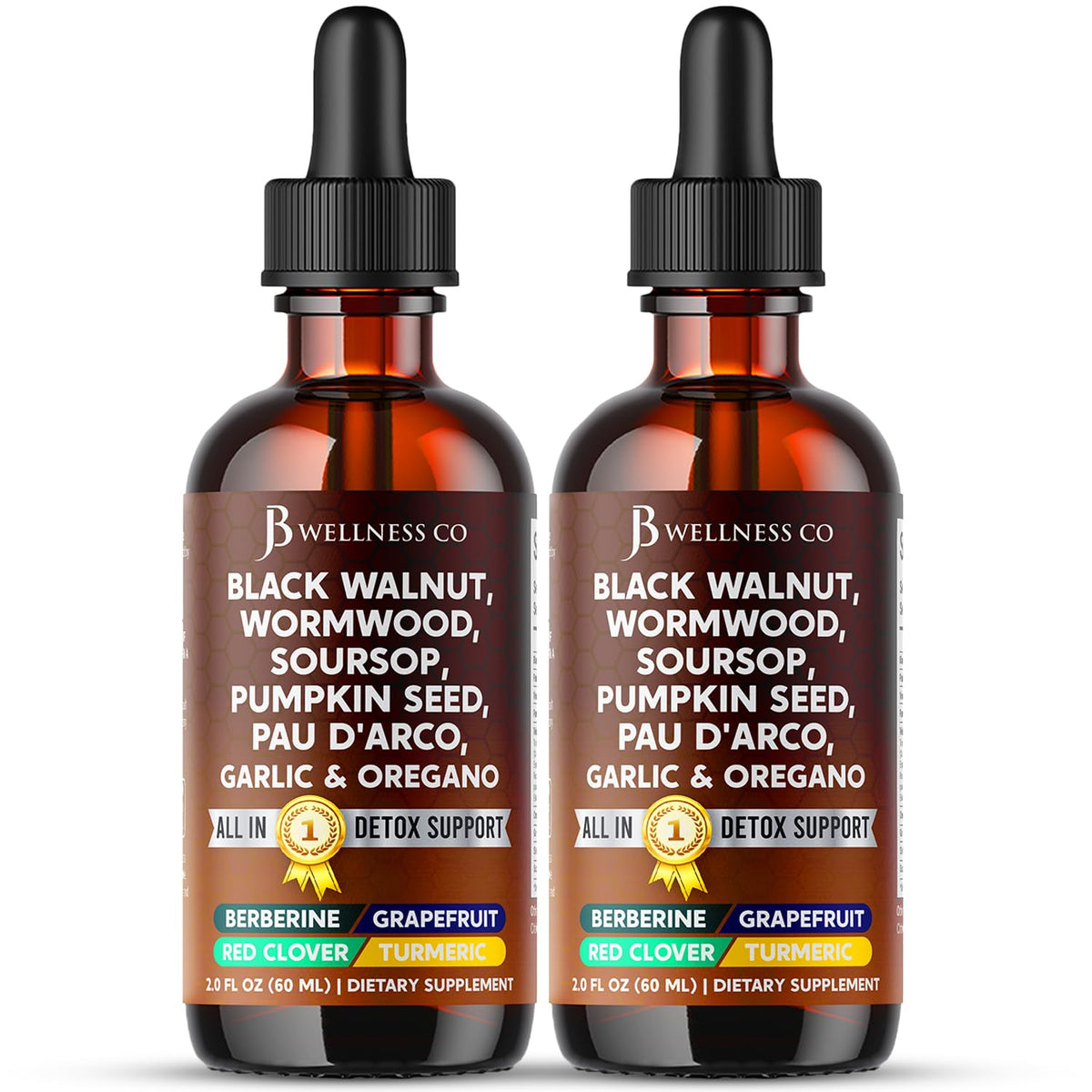 Gotas de ajenjo y nuez negra de JB Wellness Co, apoyo digestivo diario.