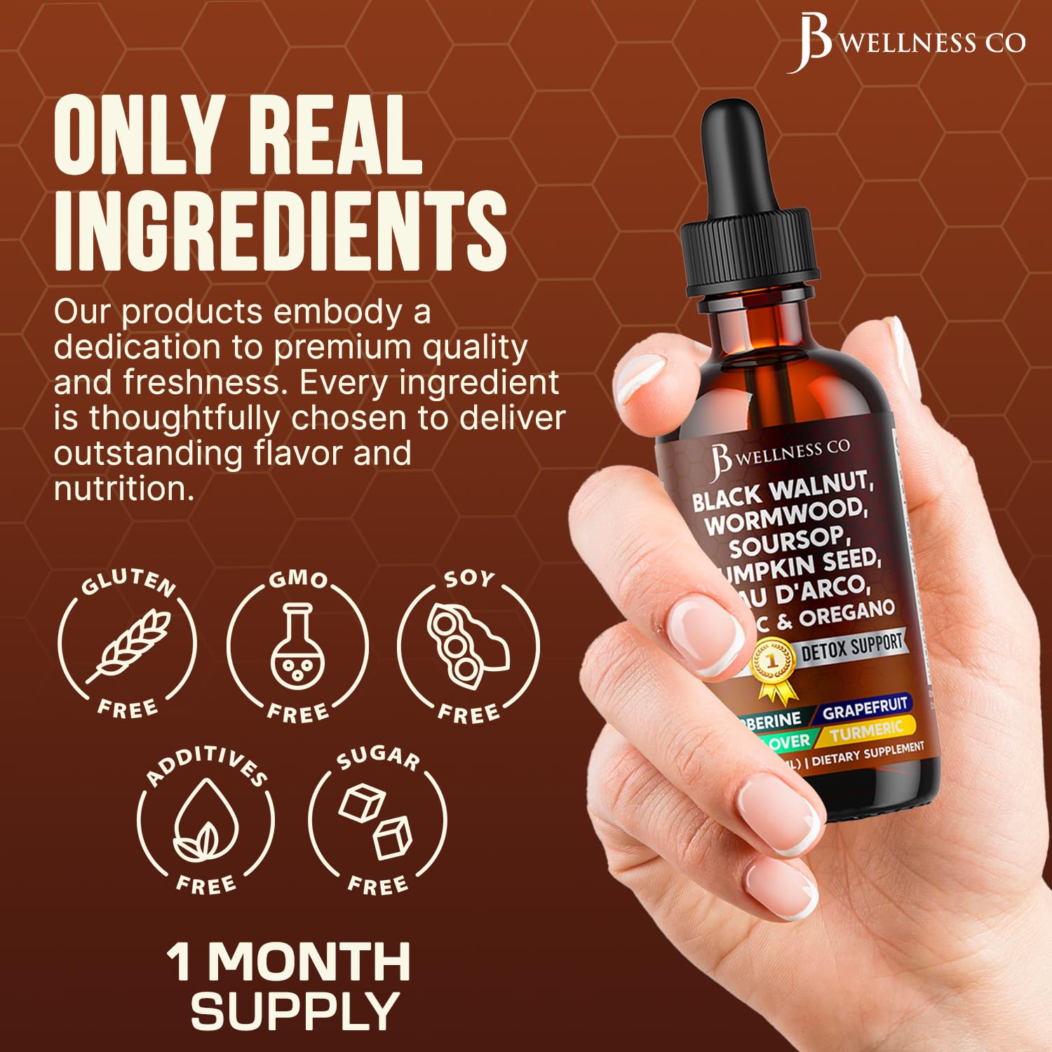 Gotas de curcuma y berberina JB Wellness Co, mezcla antioxidante suave.