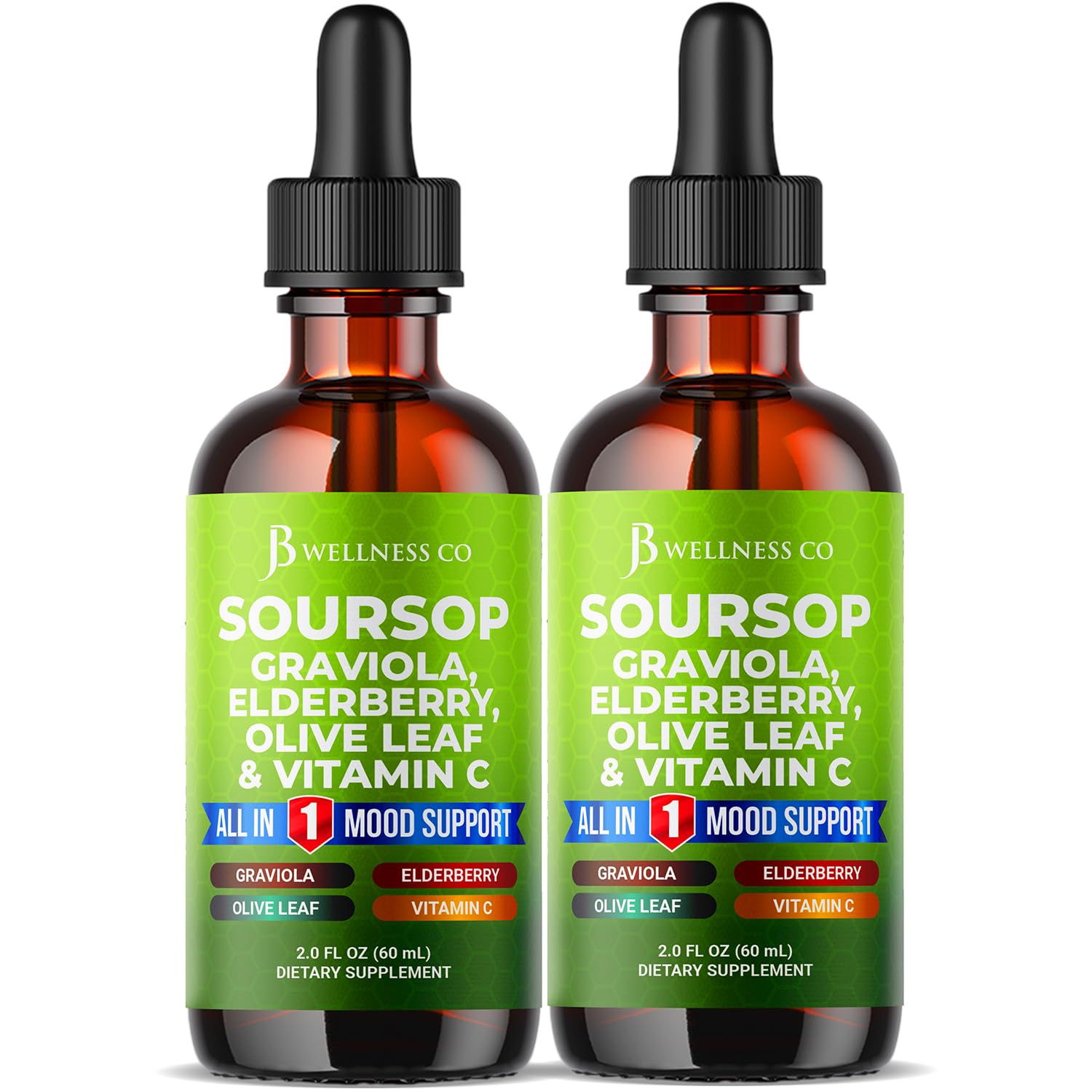 JB Wellness Co Gotas de Guanábana: botella visible para uso diario de bienestar.