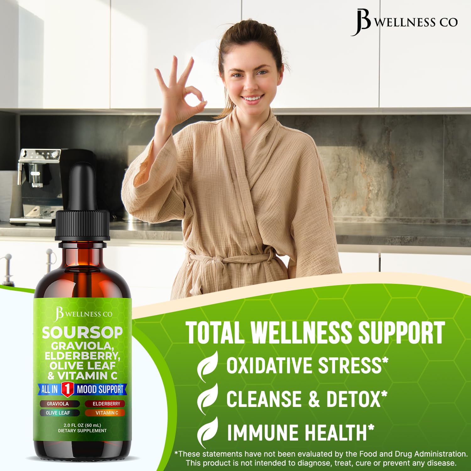 JB Wellness Co Gotas de Guanábana: etiqueta legible para revisar ingredientes clave.