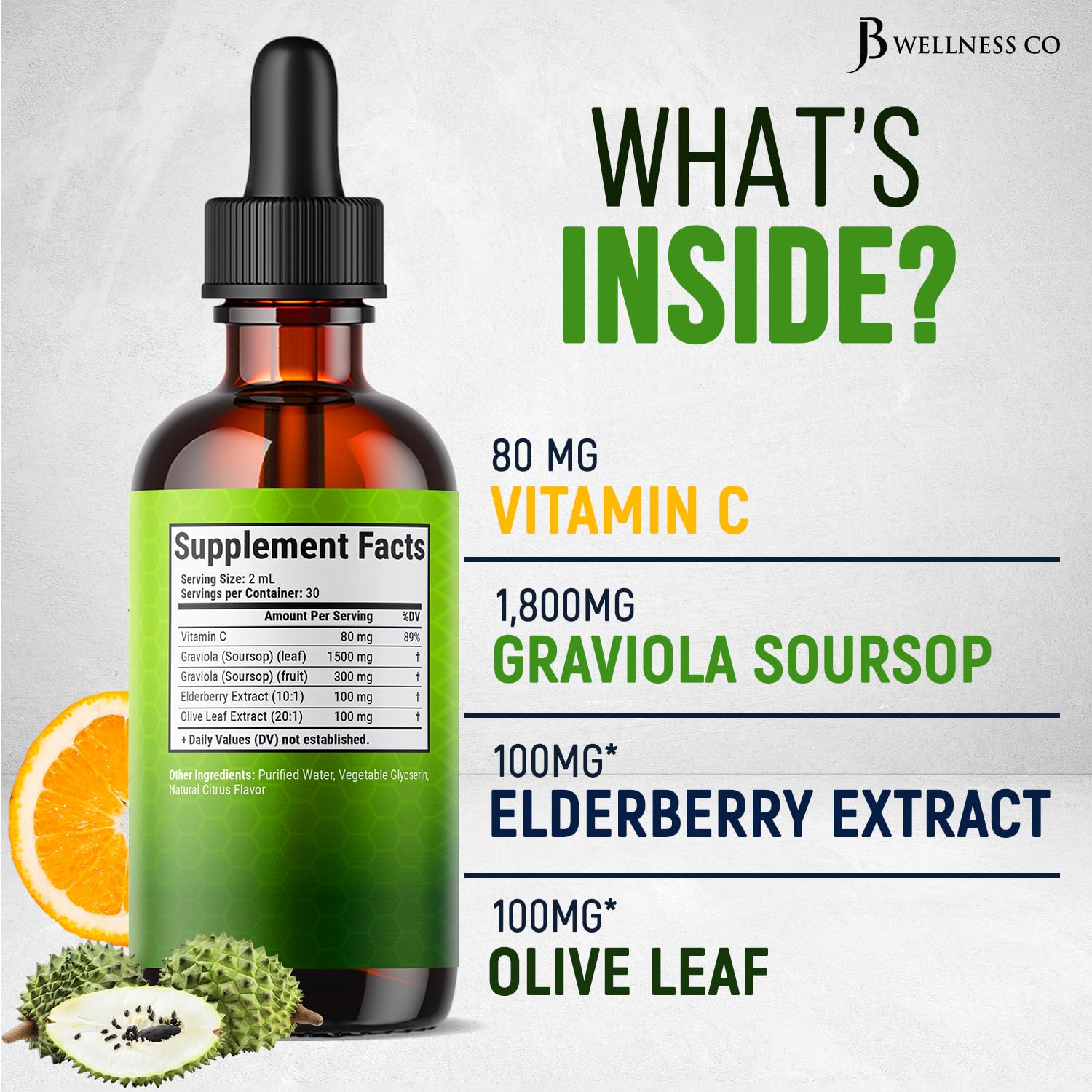 JB Wellness Co Gotas de Guanábana: hojas y fruta de guanábana, fuente natural para bienestar.