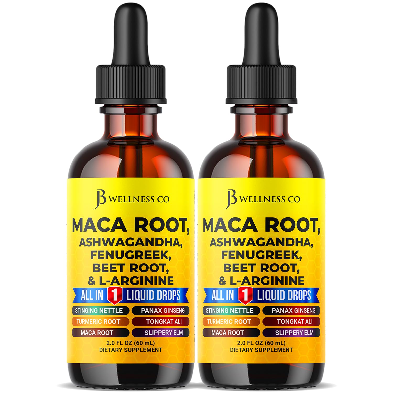 Gotas JB Wellness Co con dispensador para dosis fáciles de maca y ashwagandha