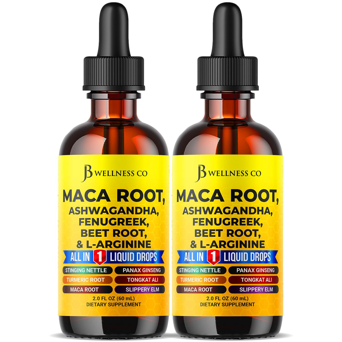 Gotas JB Wellness Co con dispensador para dosis fáciles de maca y ashwagandha