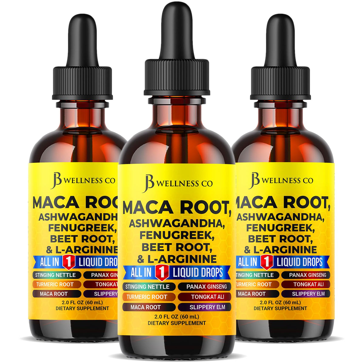 JB Wellness Co gotas de maca orgánica en frasco para energía diaria