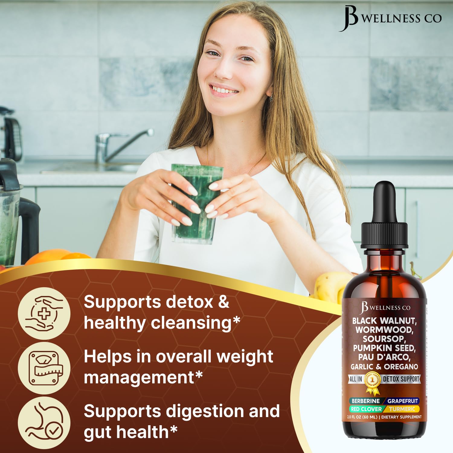 Gotas de pau-d-arco y orégano de JB Wellness Co, apoyo digestivo potencial.