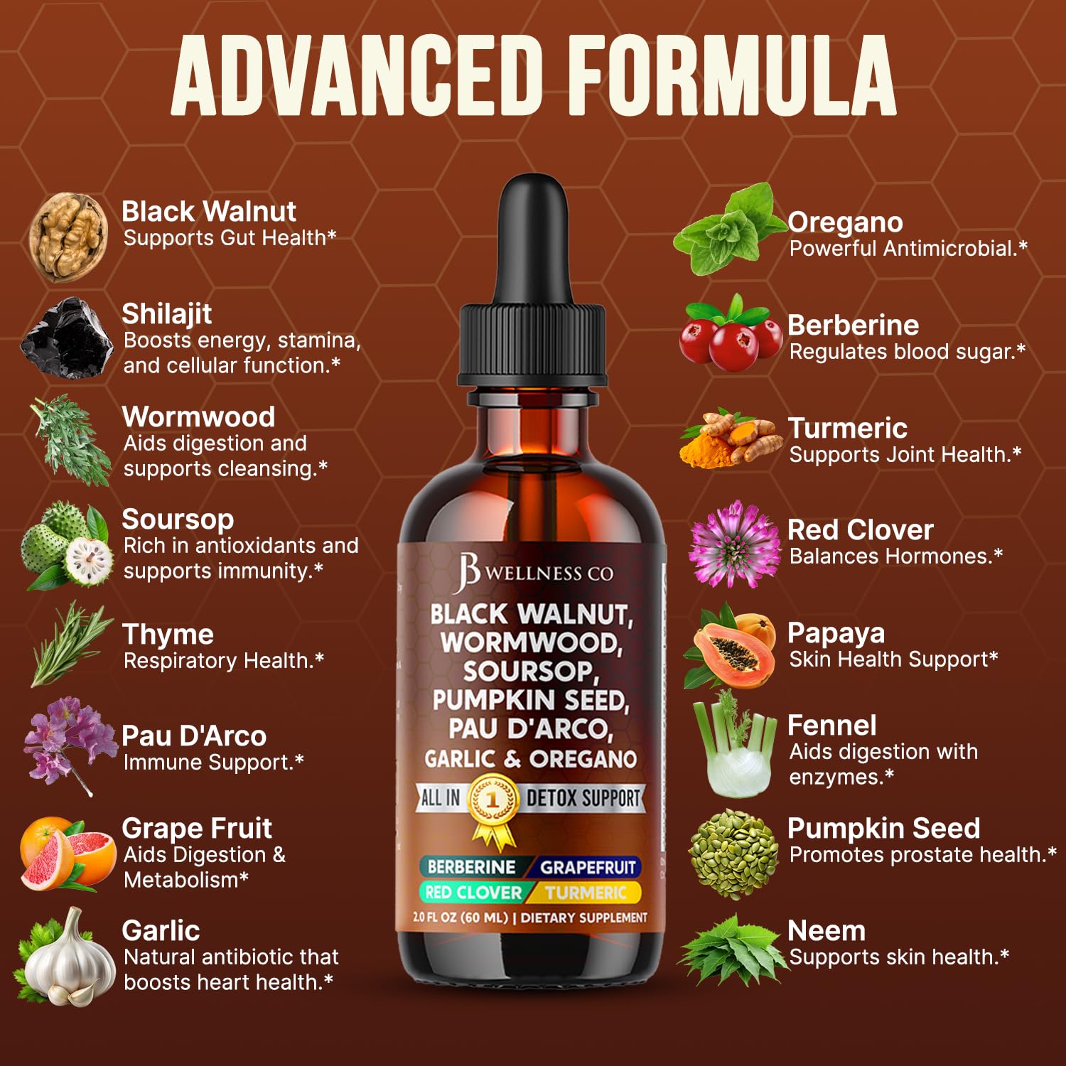 Gotas con semilla de calabaza JB Wellness Co, apoyo mineral natural.