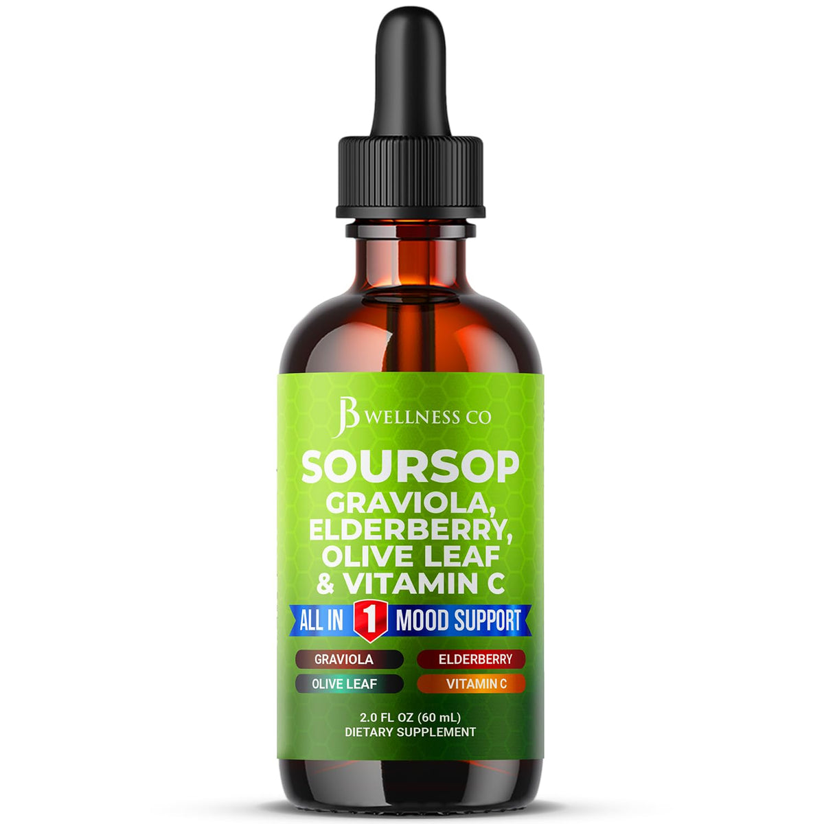 Gotas JB Wellness Co en botella de soursop para uso diario con sabor suave.