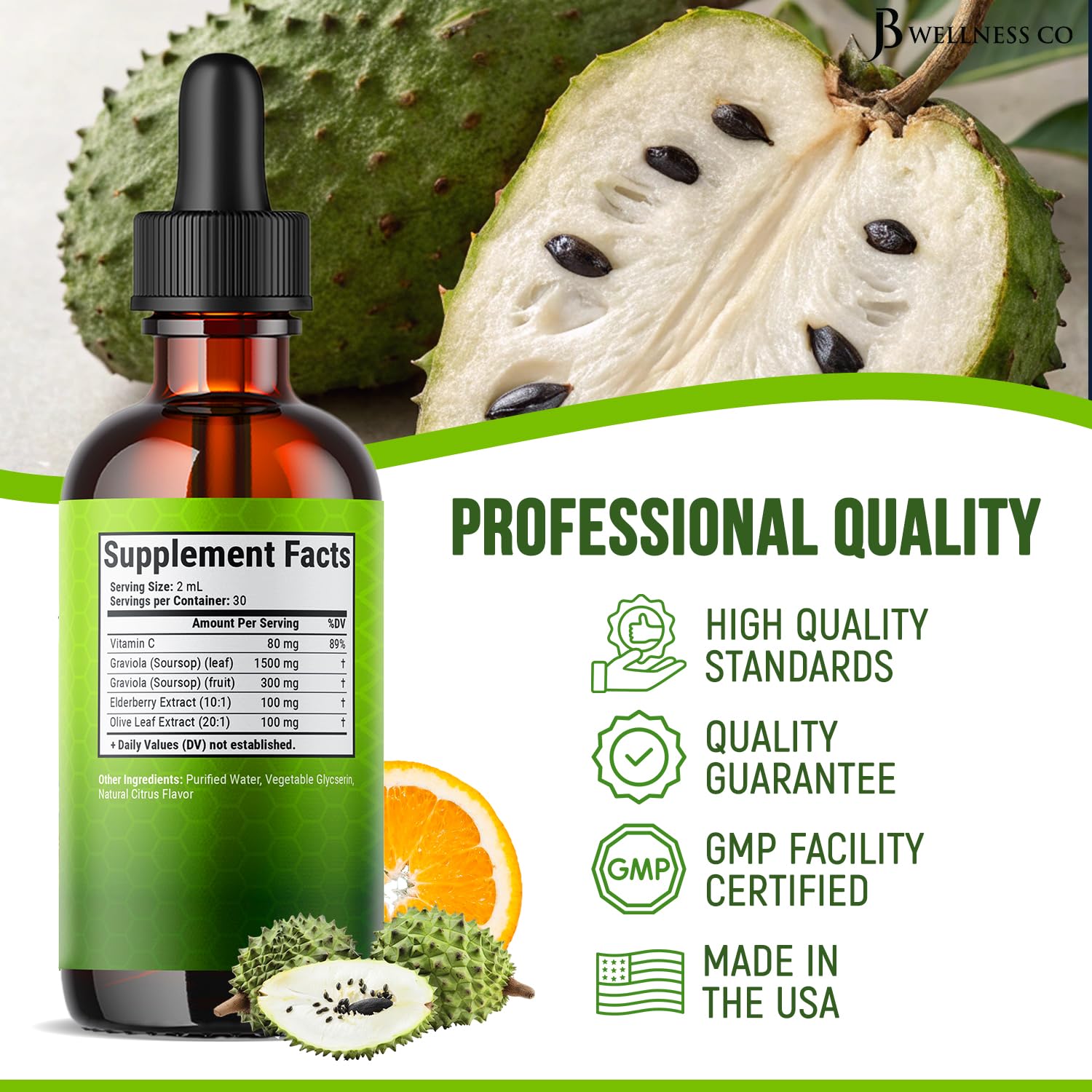 JB Wellness Co Gotas de Guanábana: vitamina C para apoyo diario.