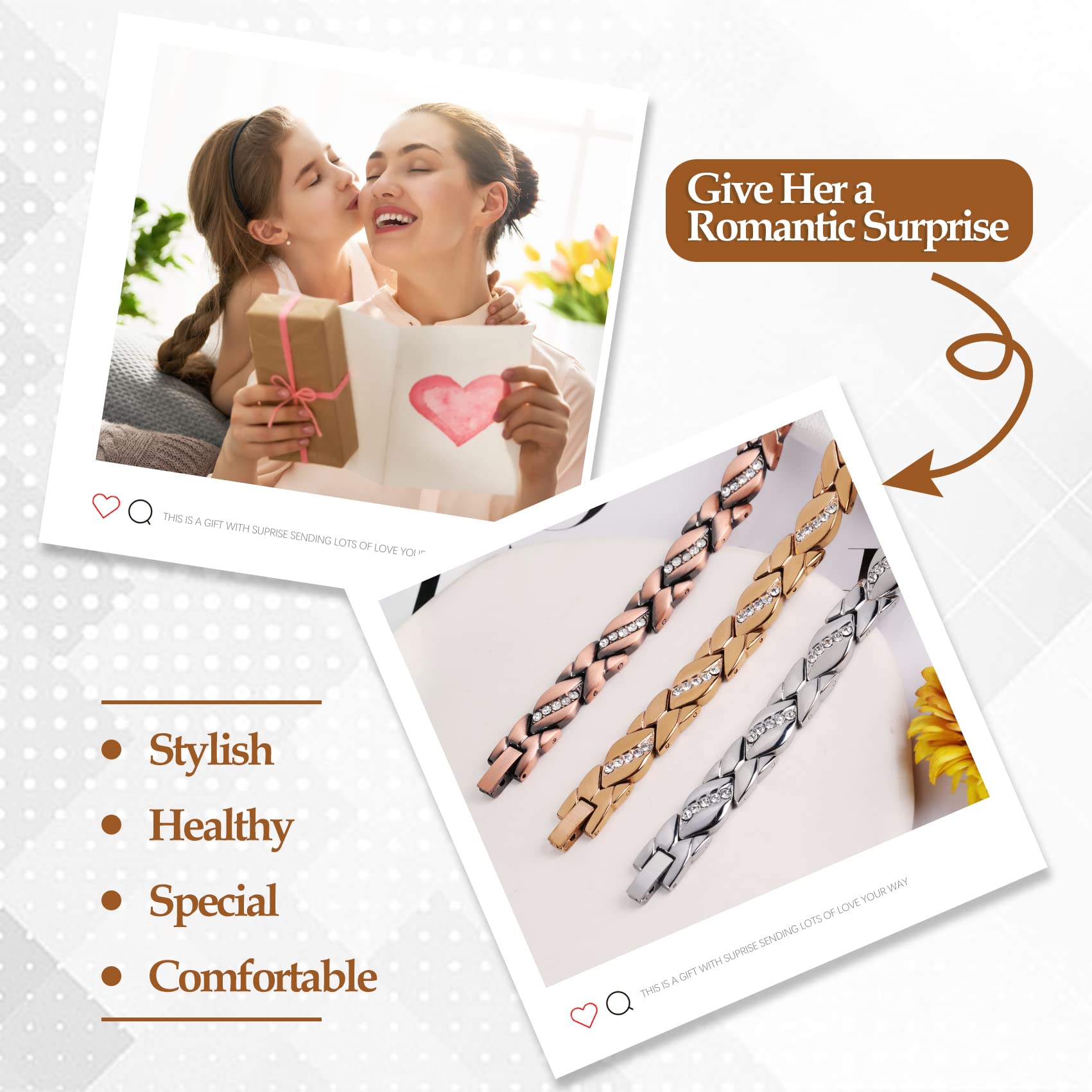 Caja regalo y paño de limpieza incluidos para cuidar tu pulsera.