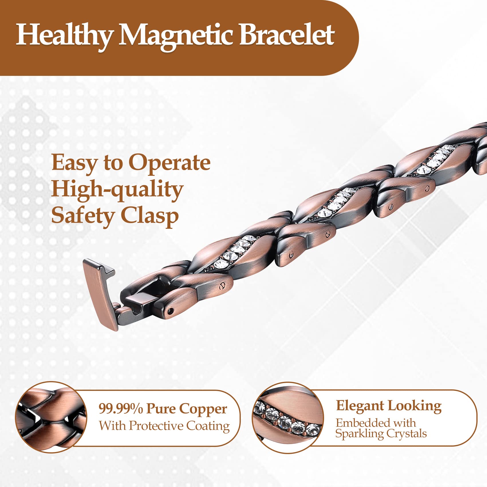 Pulsera cobre ajustable Jecanori con instrucciones para un ajuste cómodo.