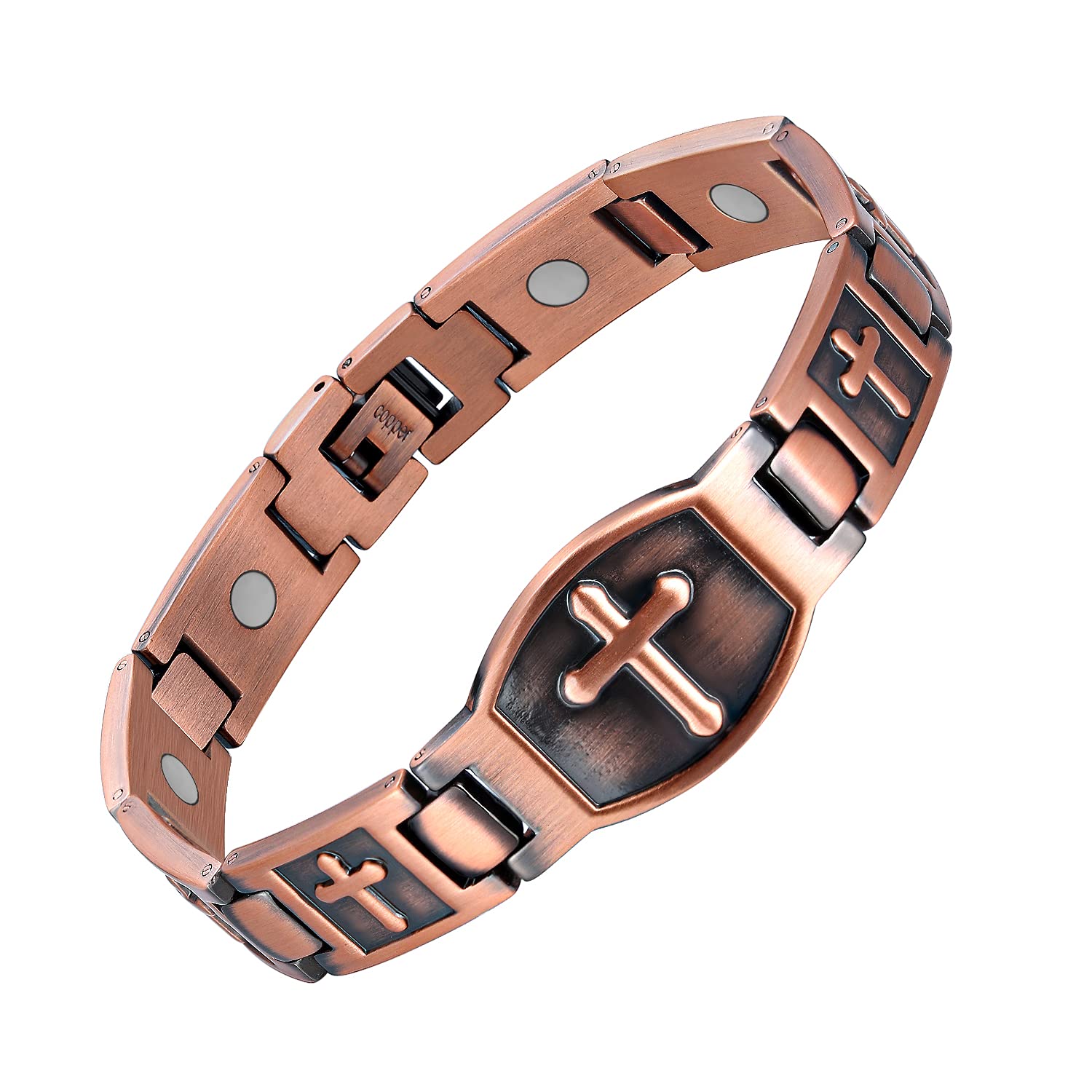Pulsera de cobre Jecanori con cruz magnética, ideal para complementar outfits diarios