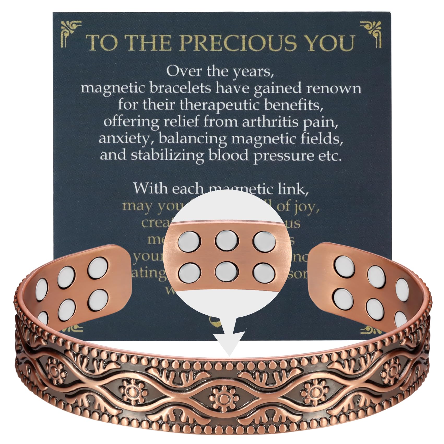 Pulsera de cobre Jecanori con 18 imanes para soporte diario.