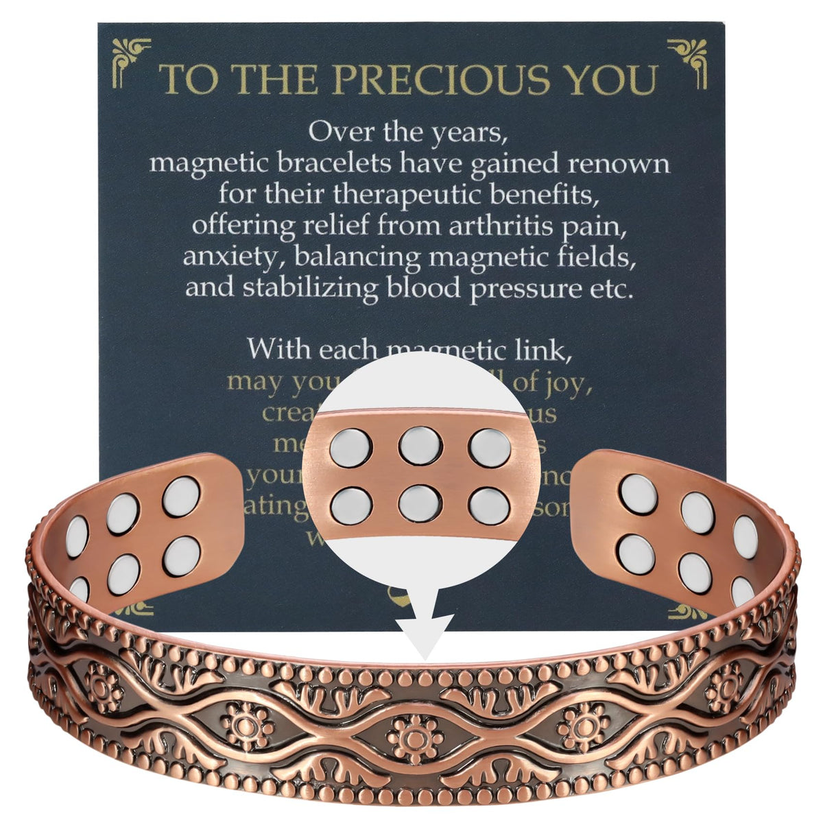 Pulsera de cobre Jecanori con 18 imanes para soporte diario.