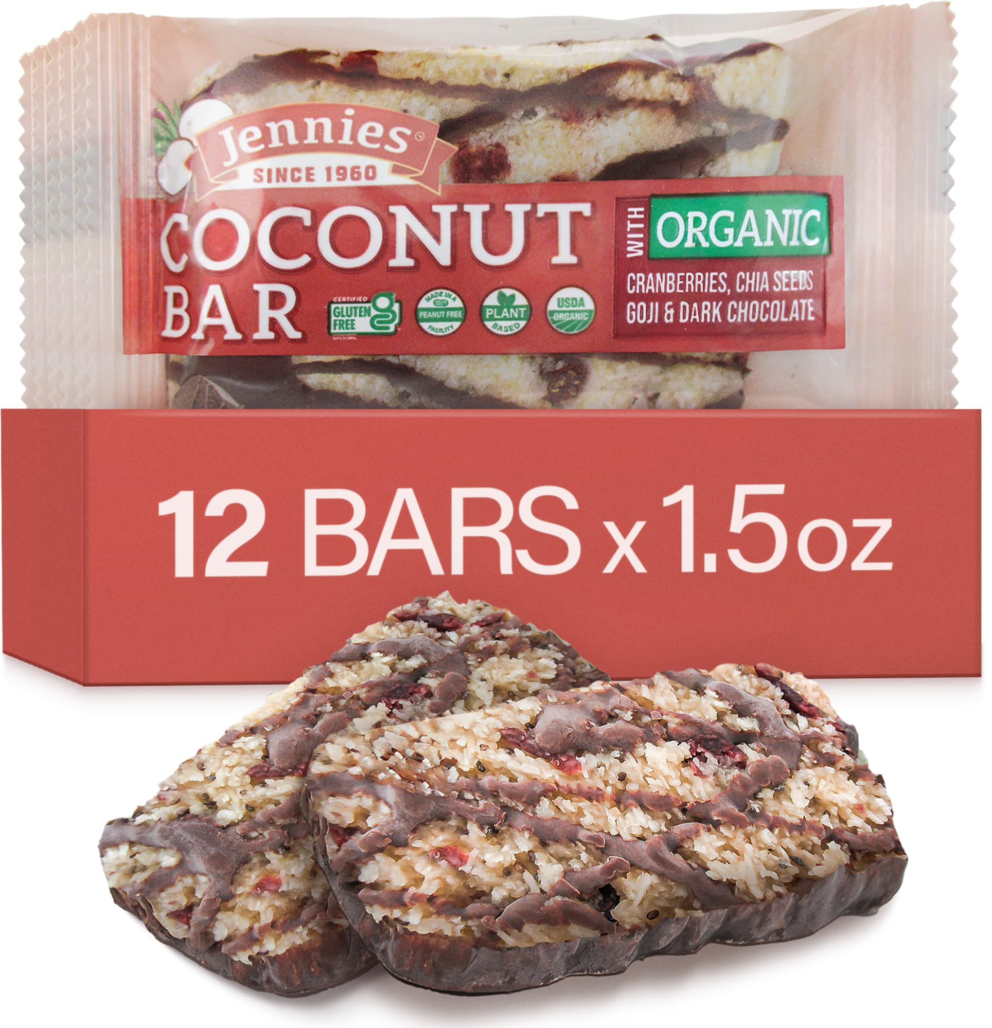 Jennies Goji Moji Coco Bar frontal, snack energizante para cualquier momento.