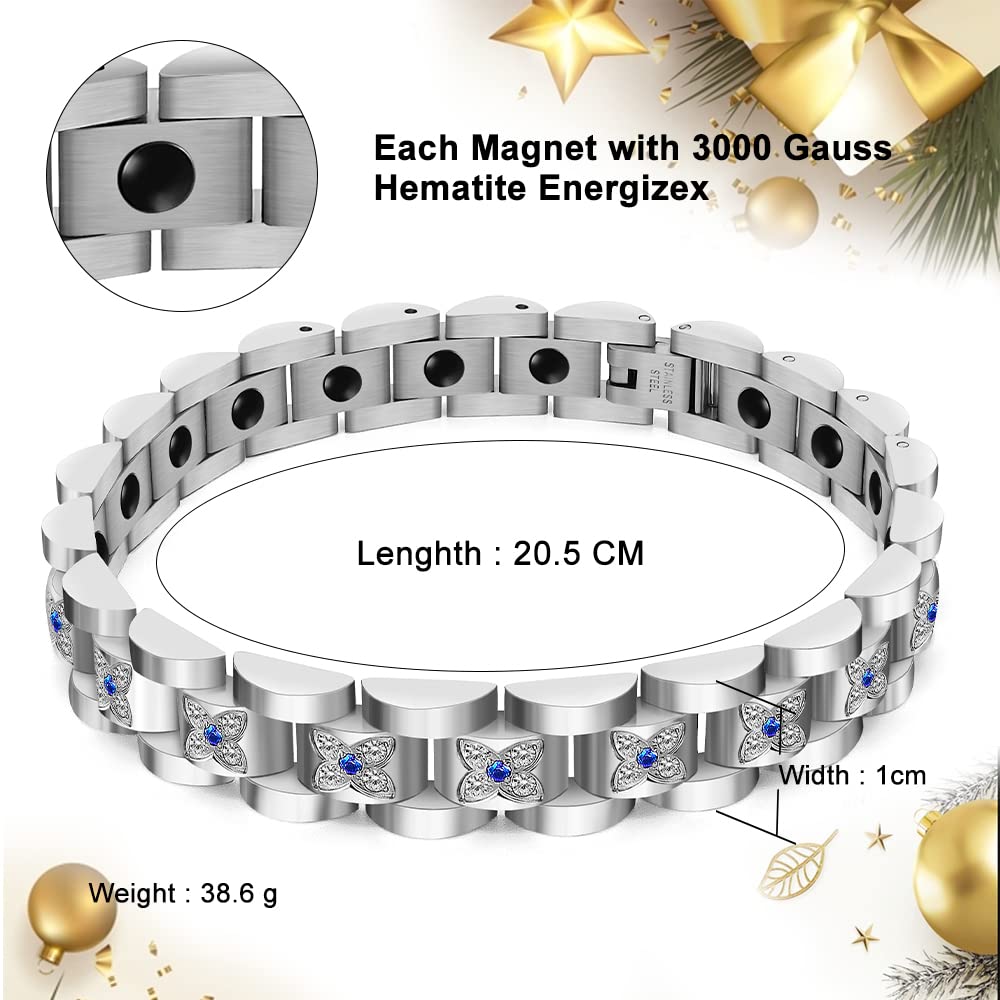 JEROOT pulsera magnética, zirconia azul en detalle.