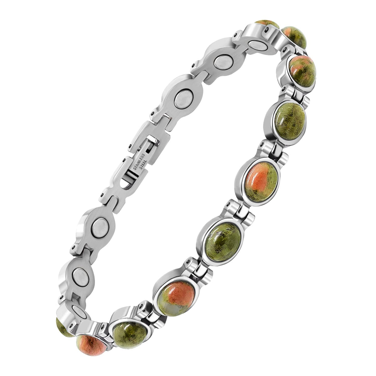 Pulsera magnética JEROOT con turquesa en detalle, resistente y hipoalergénica para uso diario.