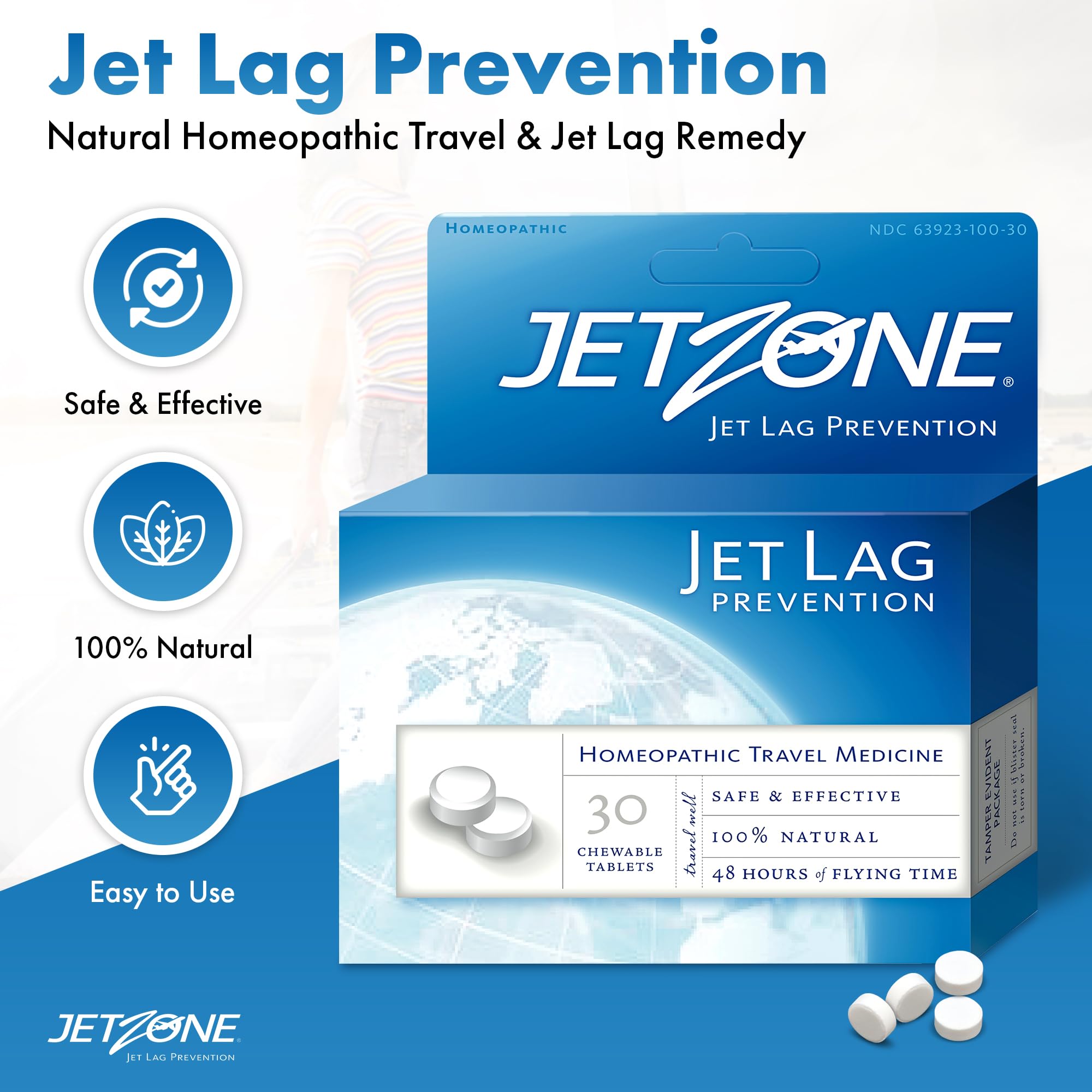 JetZone: tabletas masticables listas para usar durante vuelos largos.