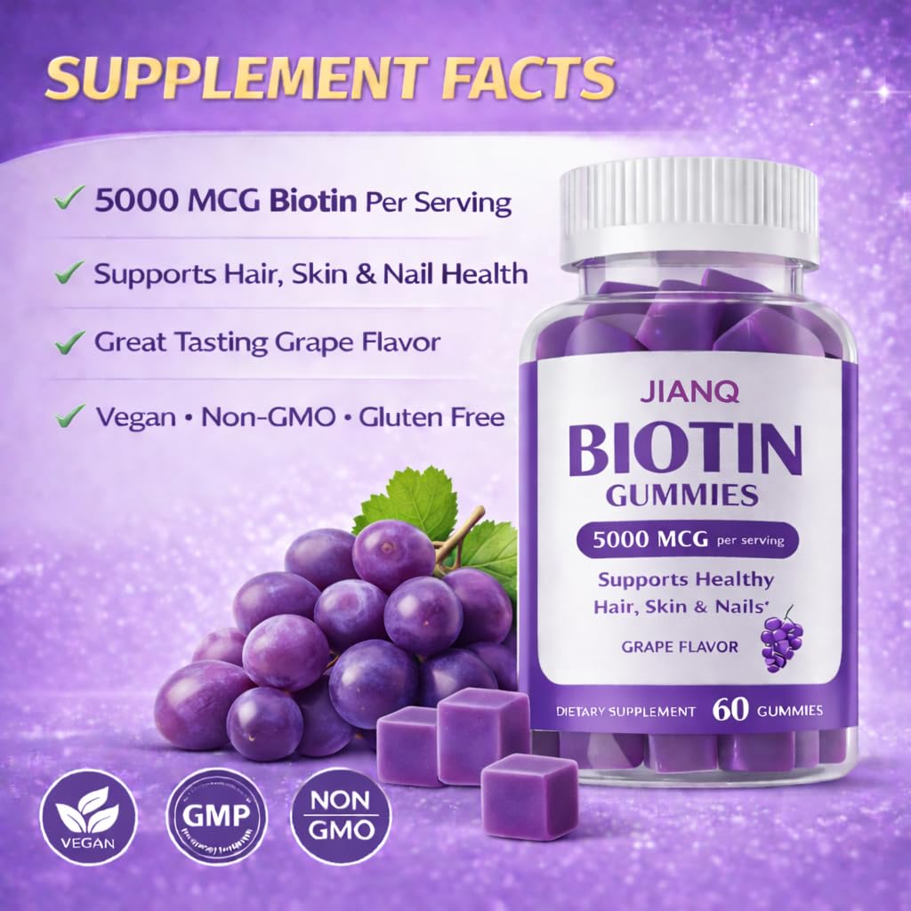 Gomitas JianQ Biotin con ingredientes-veganos, opción limpia para cuidado diario.
