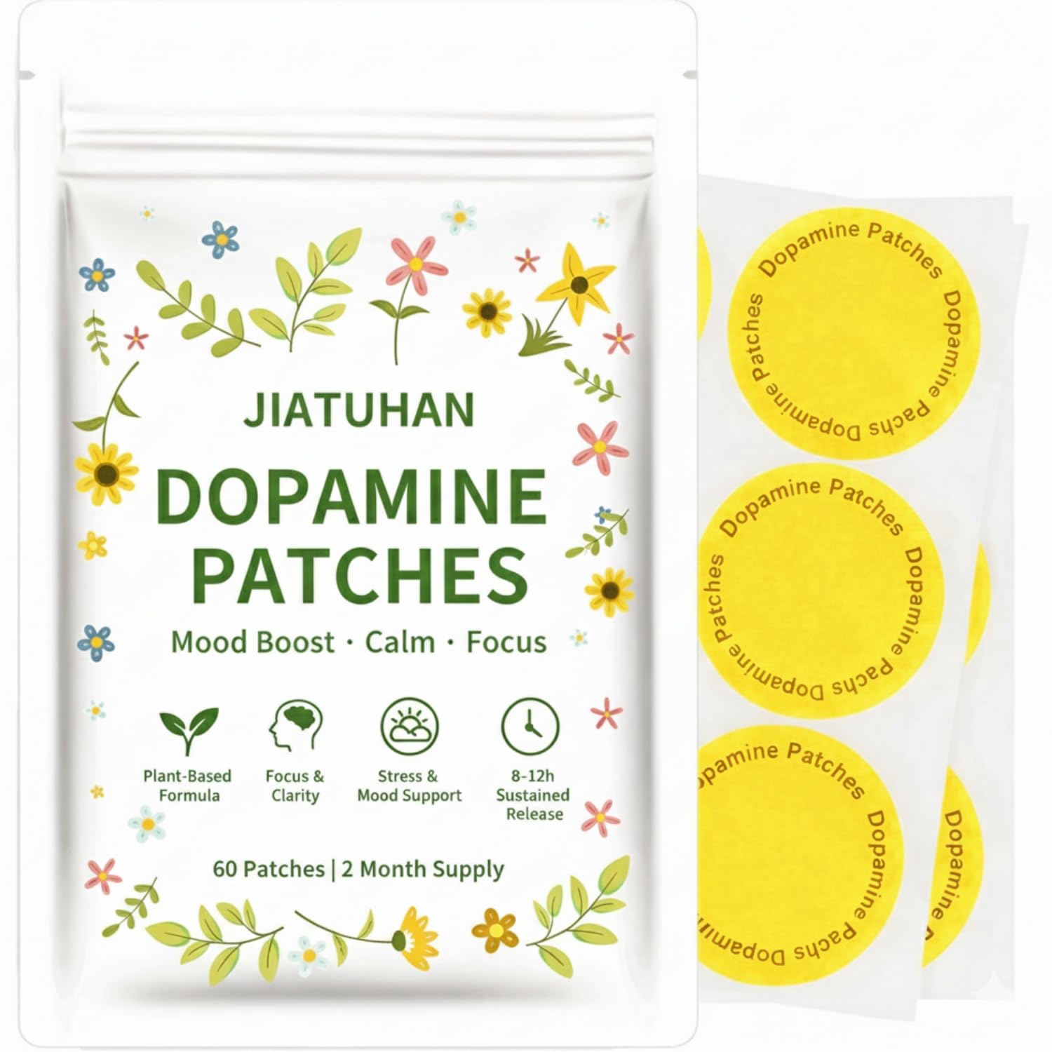 JIATUHAN parches de dopamina: caja y empaque muestran diseño limpio y natural.