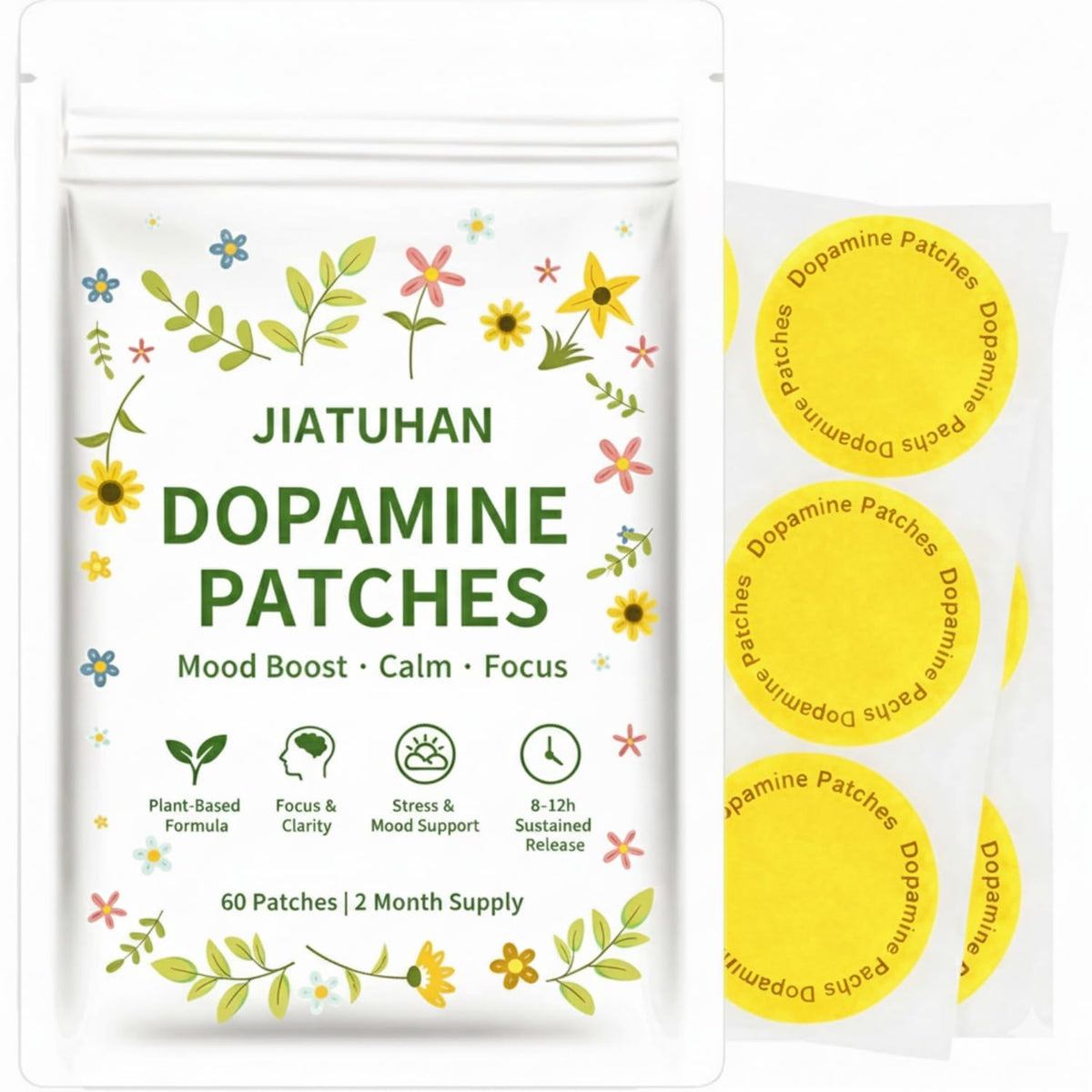 JIATUHAN parches de dopamina: caja y empaque muestran diseño limpio y natural.