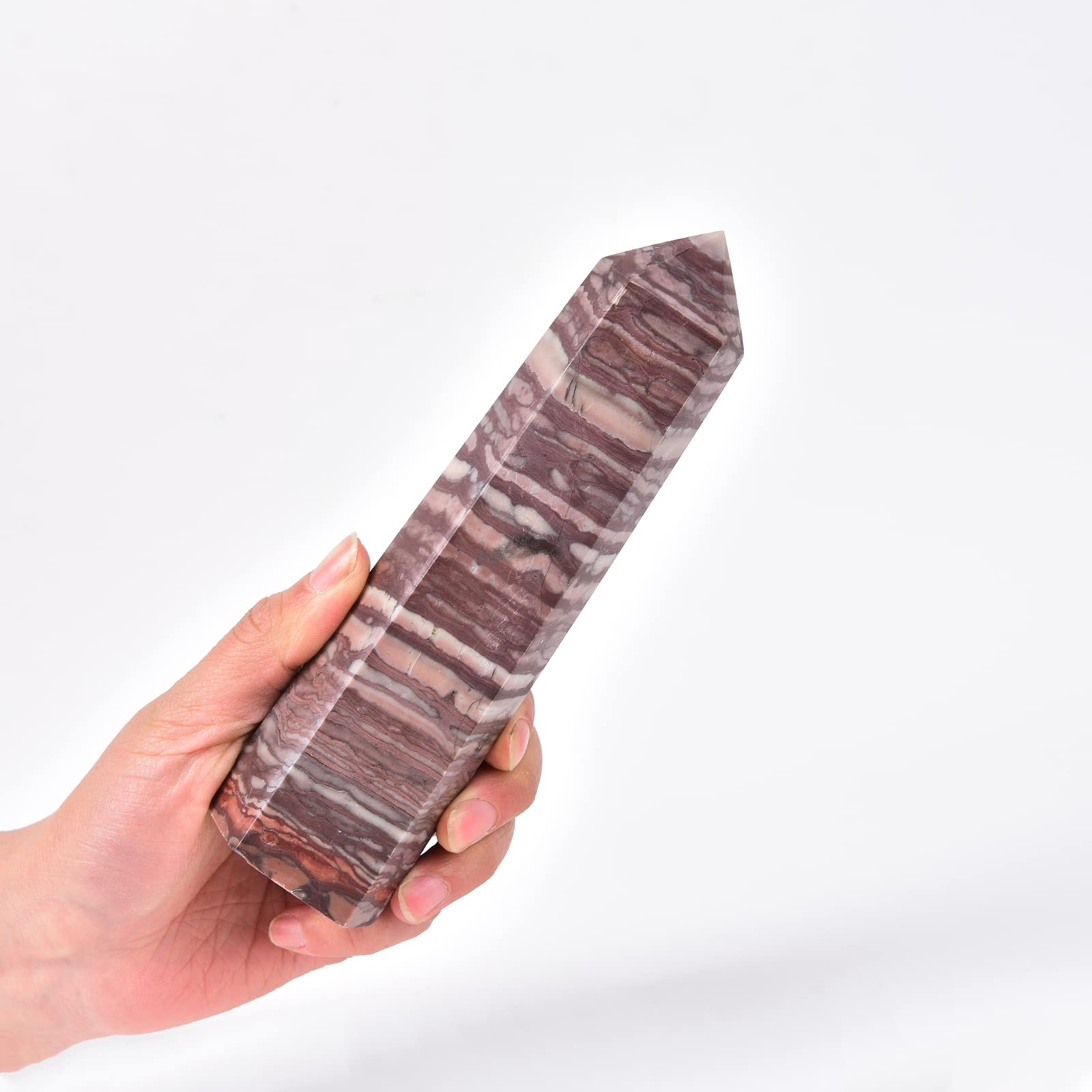 JIC Gem obelisco cristal rojo zebra, enfoque energetico para meditacion