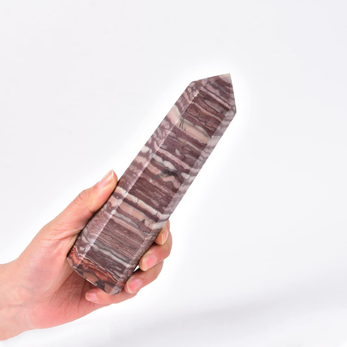 JIC Gem obelisco cristal rojo zebra, enfoque energetico para meditacion
